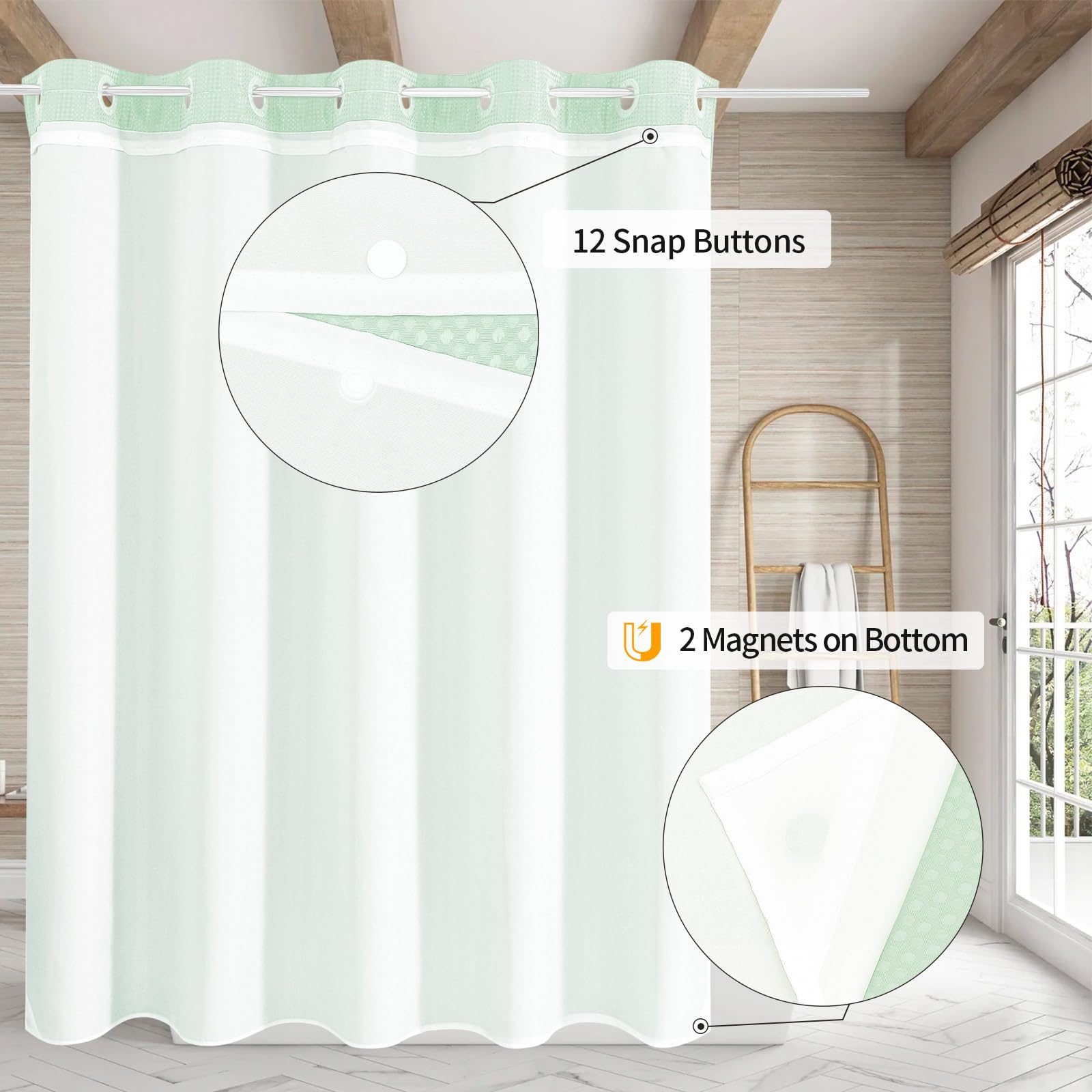 Mitovilla Green Long Shower Curtain 72 X 80, No Hooks Needed 80 Inch Long Heavyweight Waffle Fabric Shower Curtain Set With Snap