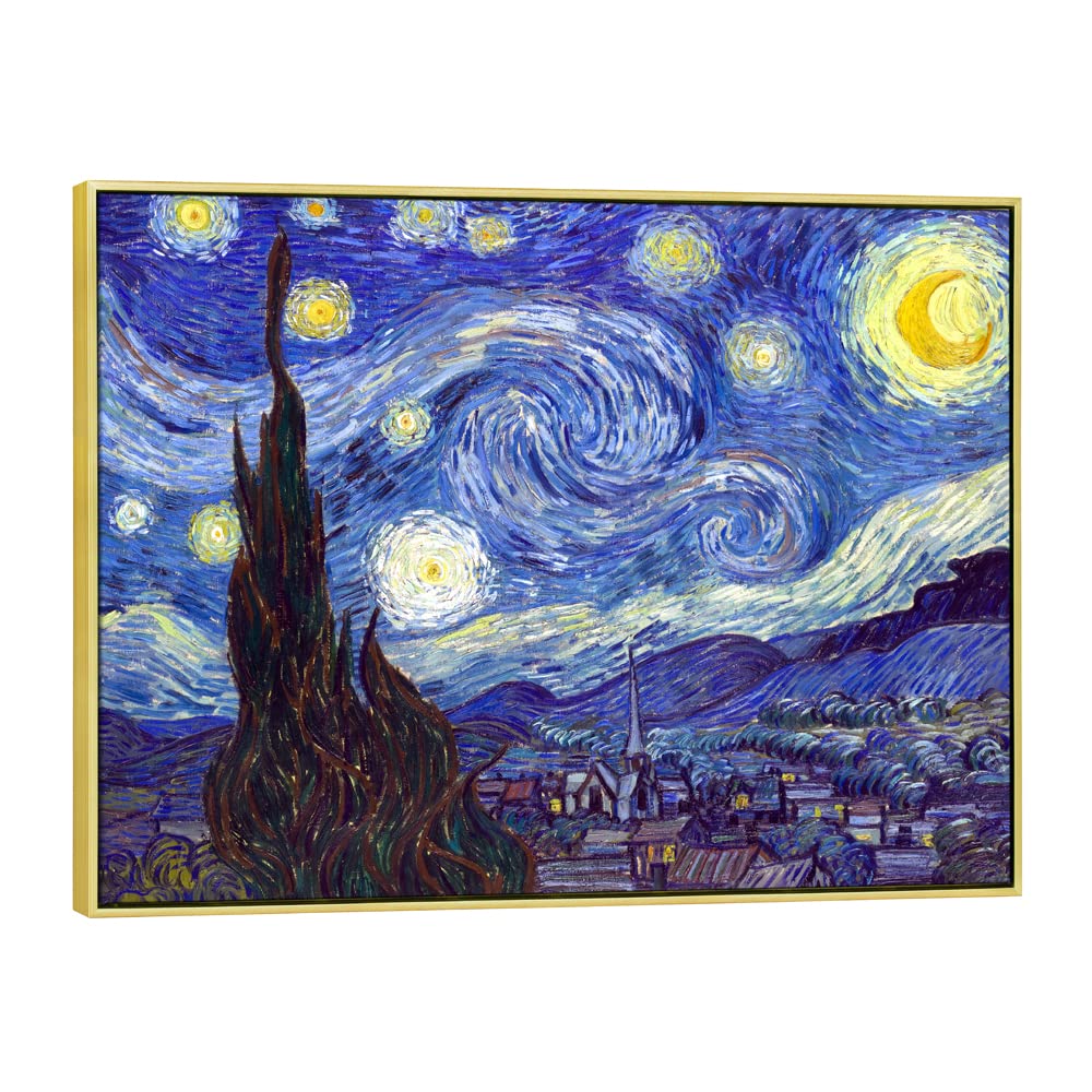 Wieco Art Framed Art Giclee Canvas Prints Of Starry Night By Vincent Van Gogh Paintings Reproduction Post-Impressionism Artwork