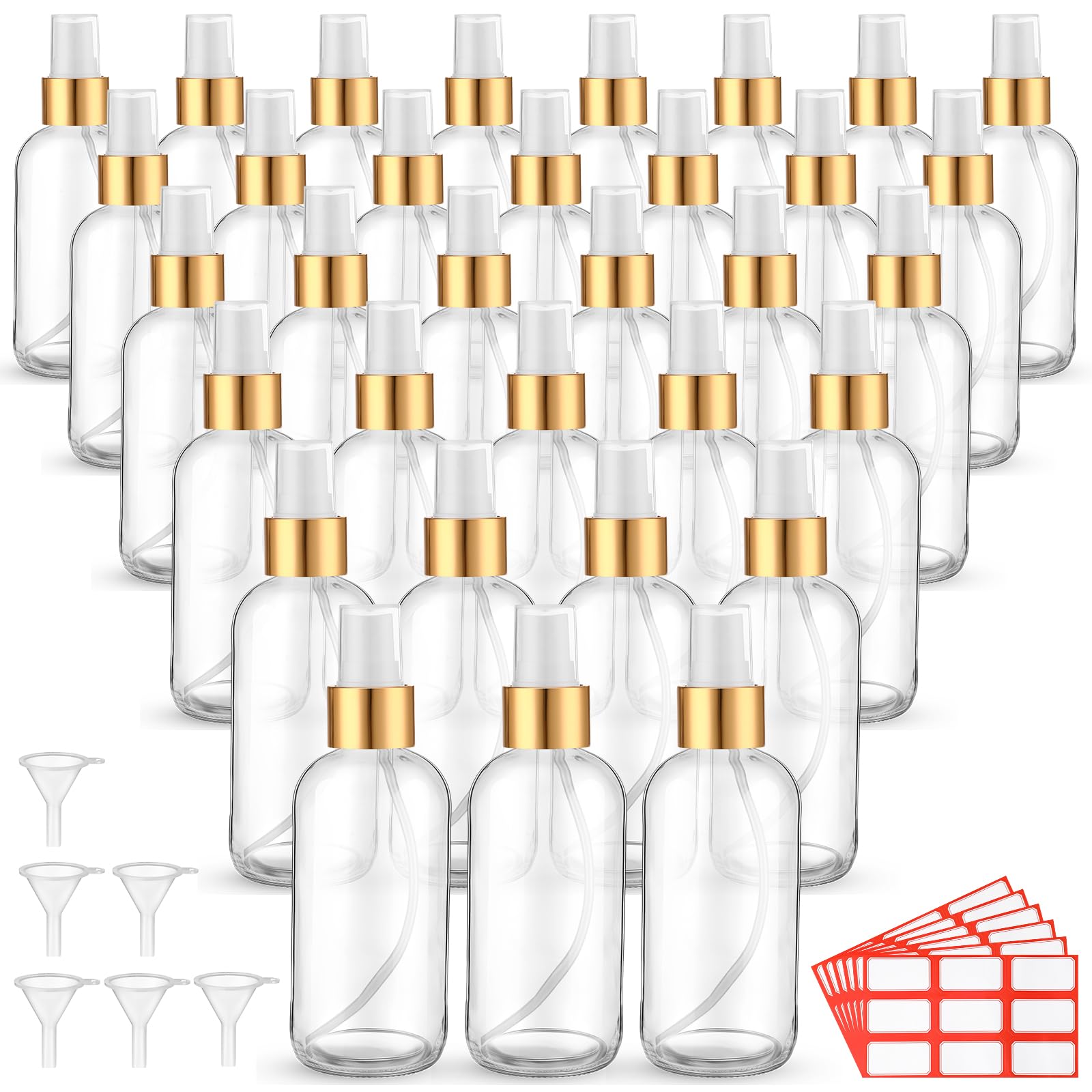 Fumete 36 Pcs Glass Spray Bottles 4Oz Fine Mist Glass Spray Bottle Refillable Liquid Containers With 6 Labels 6 Funnel For Hair