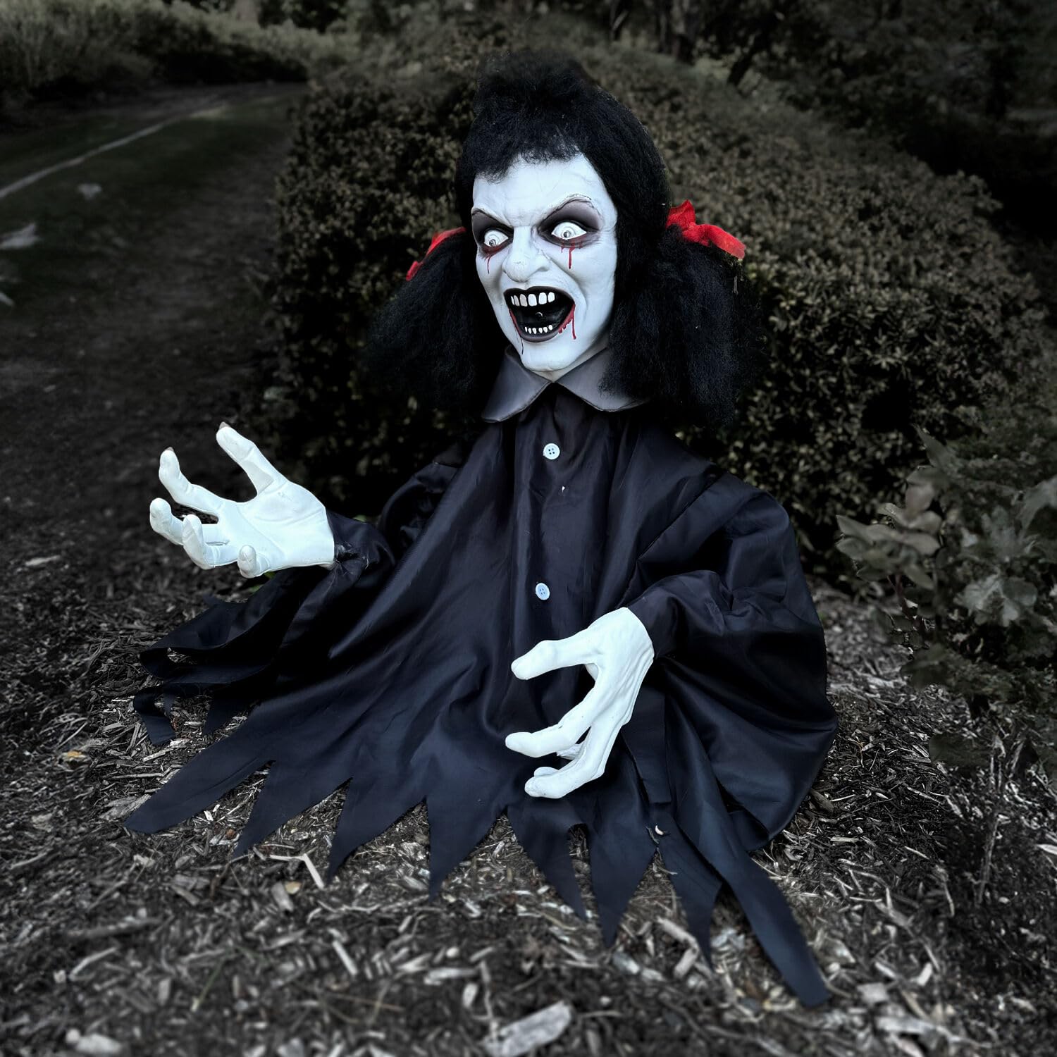 Haunted Hill Farm 20-in Animatronic Hanging Demon Girl Groundbreaker with Motion Activated Lights and Sound, Scary Battery-Opera