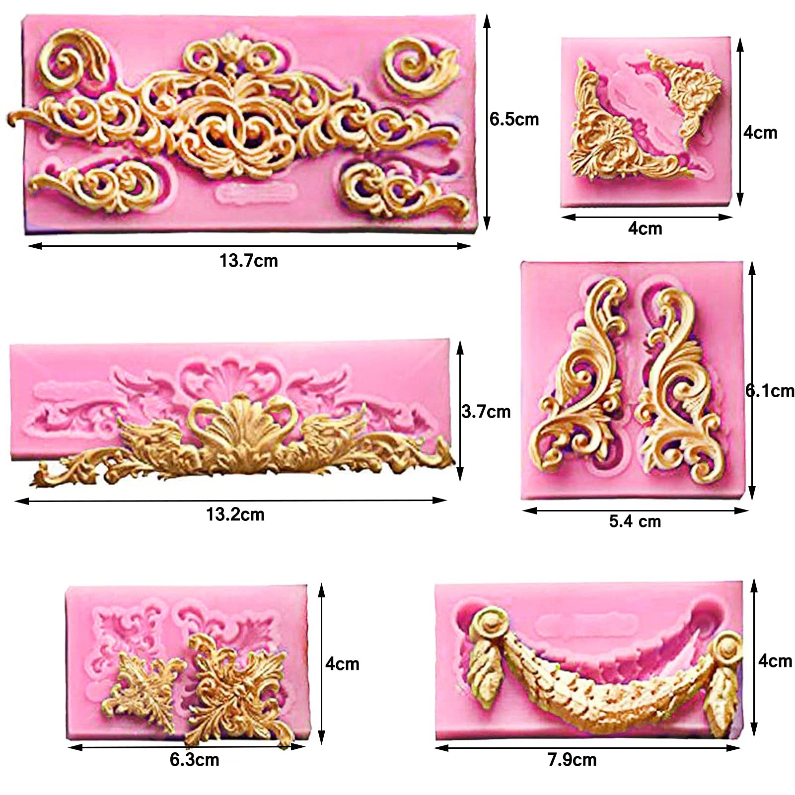 (Set Of 6) Baroque Fondant Molds For Cake Decorating Curlicues Scroll Lace Border Candy Silicone Mold For Sugarcraft, Cupcake To