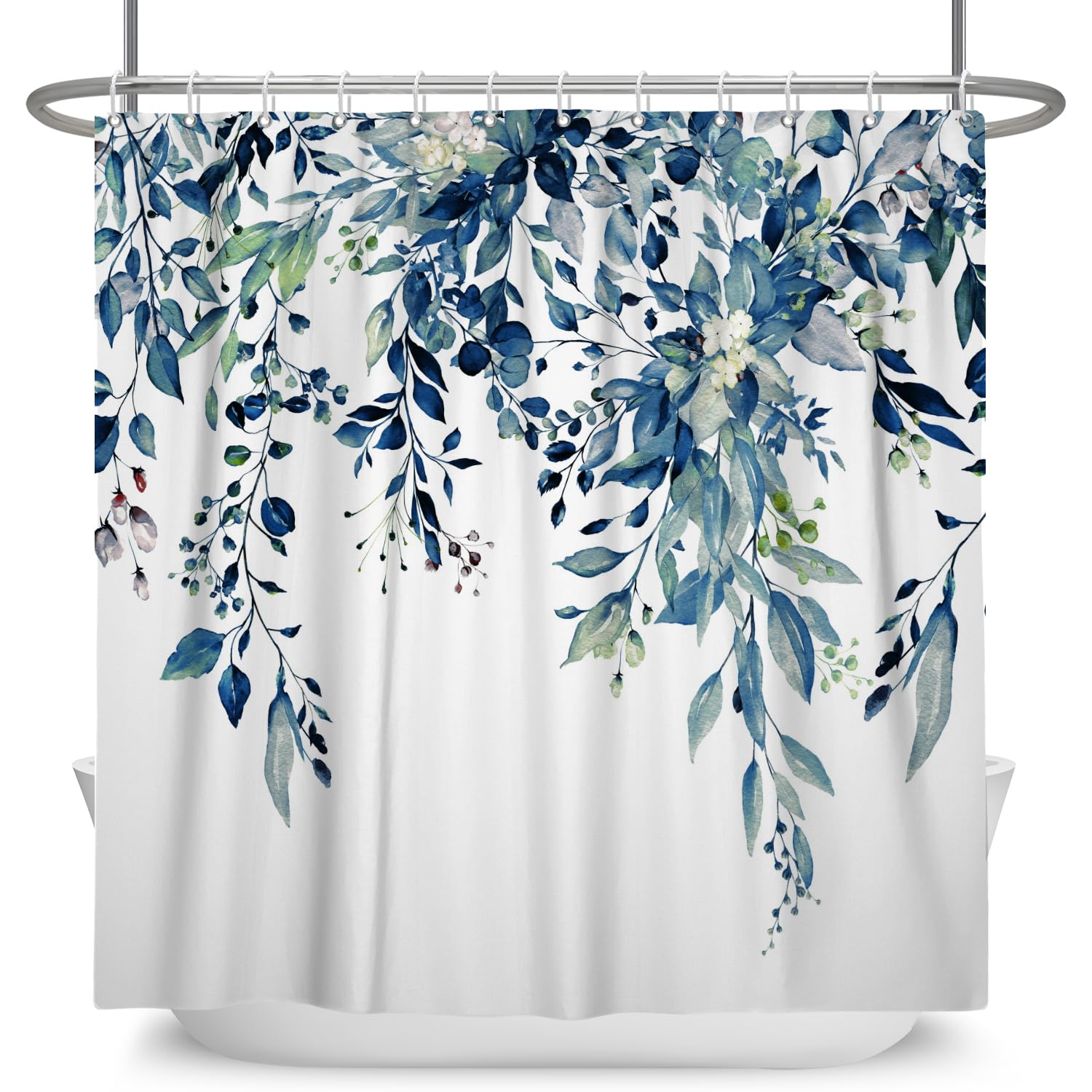 Yeele Blue Leaves Long Fabric Shower Curtain Watercolor Floral Leaf Wide Bath Curtain Farmhouse Plant Wildflower Stall Size Show