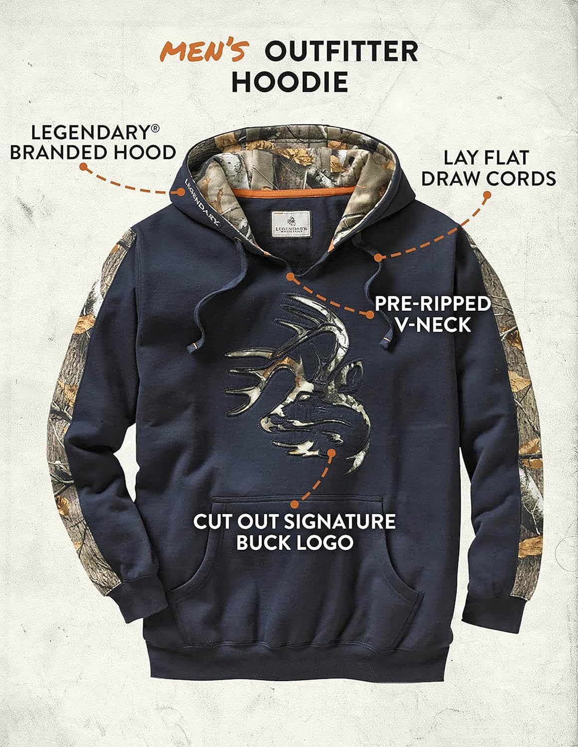 Legendary Whitetails Mens Standard Camo Outfitter Hoodie, Navy, Medium