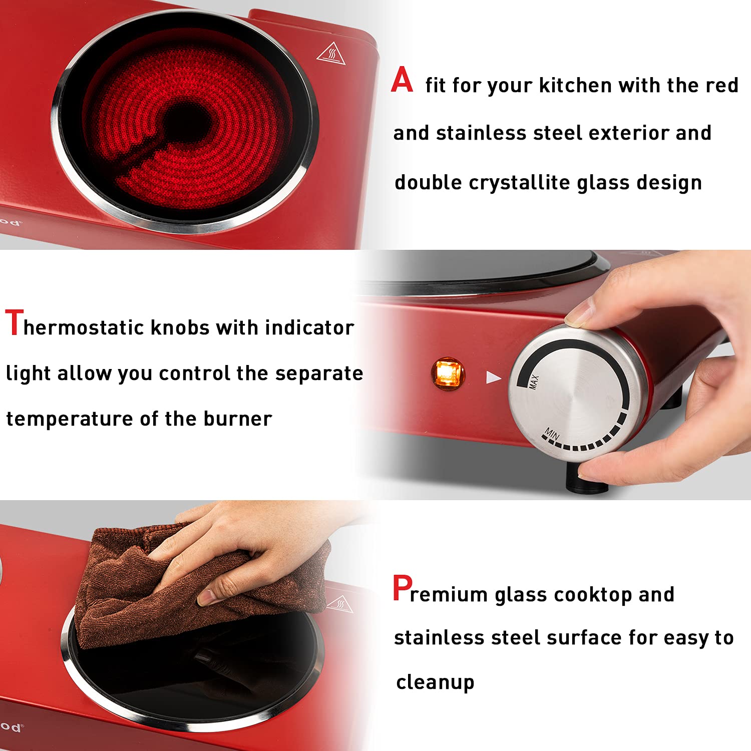 Hot Plate  Techwood 1800W Dual Electric Stoves  Countertop Stove Double Burner for Cooking  Infrared Ceramic Hot Plates Double Cooktop  Red  Brushed Stainless Steel Easy To Clean Upgraded Version  Red