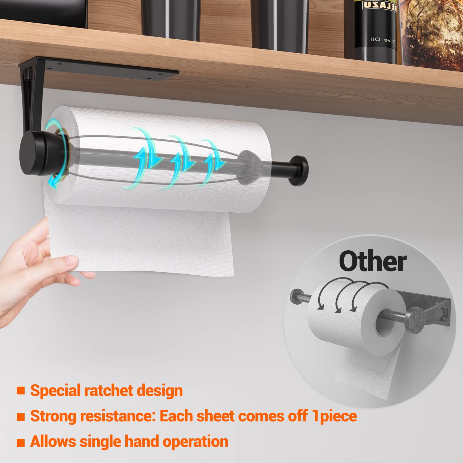 Paper Towel Holder Under Cabinet, Single Hand Operable Wall Mount With Damping Effect, Self-Adhesive Or Drilled For Kitchen Bath