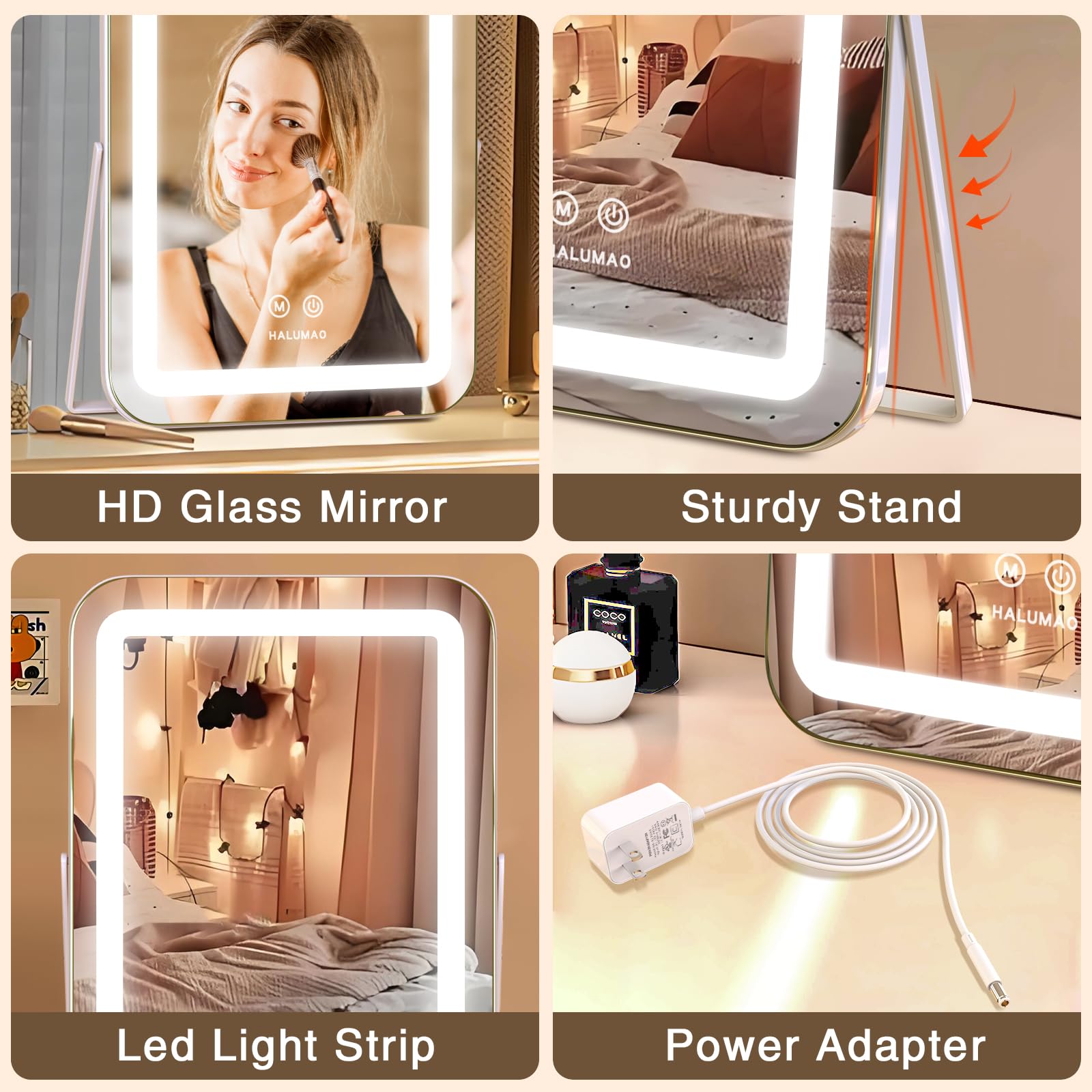 Halumao Vanity Mirror With Lights, Light Up Makeup Mirror, Led Makeup Mirror With Lights For Bedroom Tabletop, Smart Touch Contr
