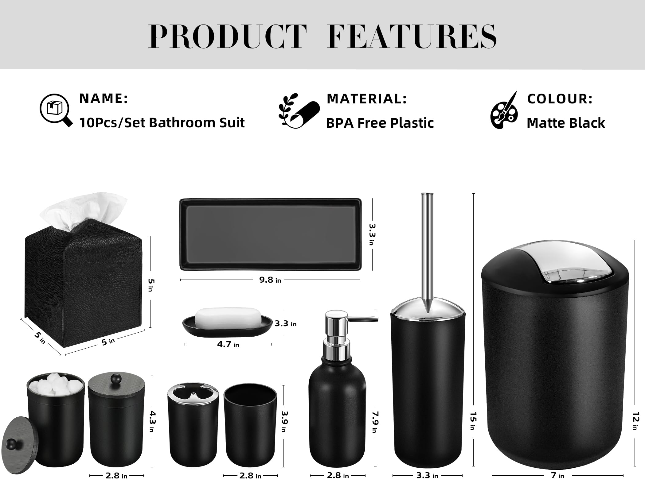 Alpiriral Black Bathroom Accessories Set, 10Pcs Bathroom Accessory Set With Trash Can, Soap Dispenser And Toothbrush Holder, Soa