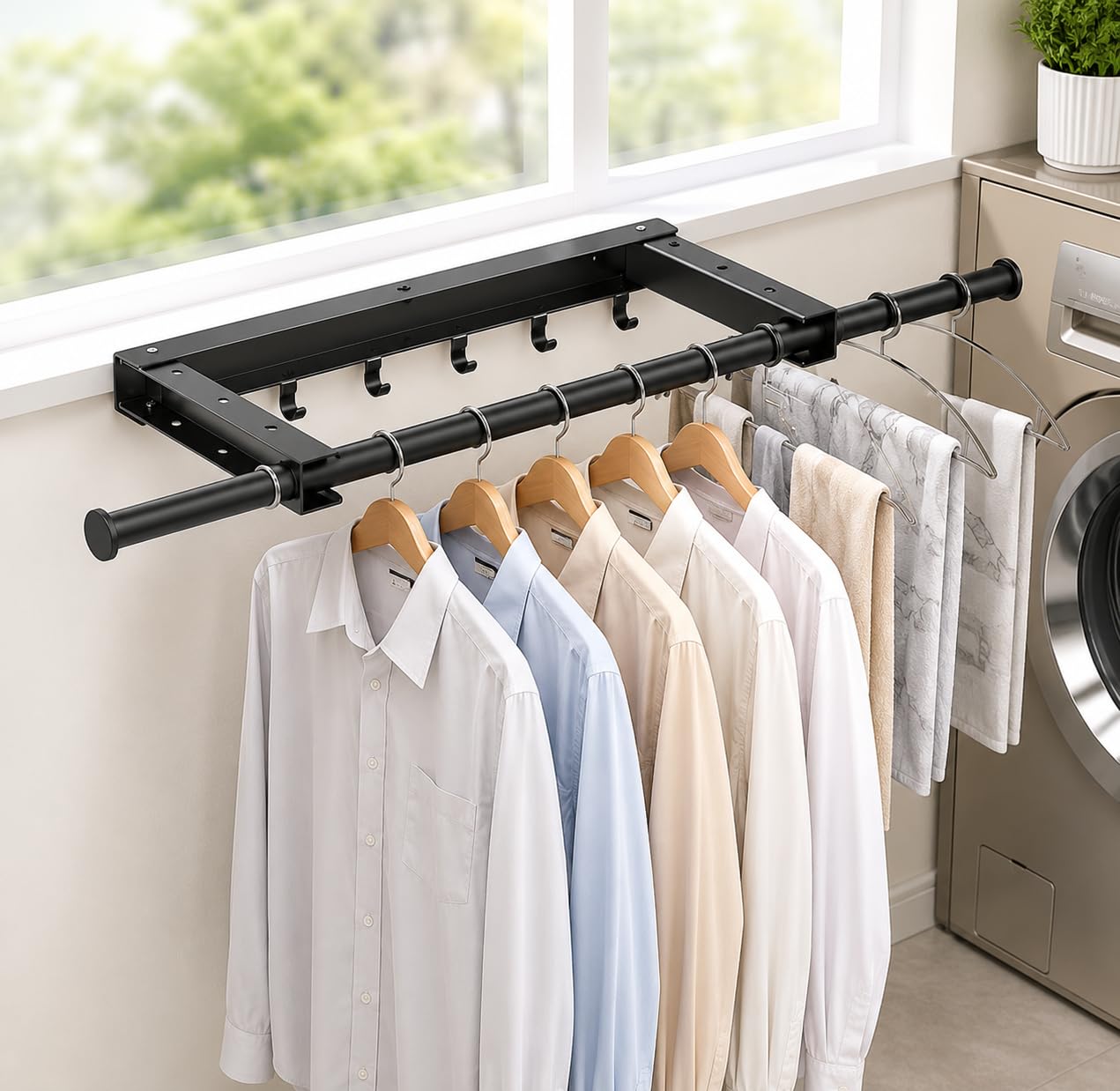 Home Cube Wall Mounted Clothes Drying Rack With Extendable Rod & 6 Hooks, Foldable Metal Laundry Drying Rack For Indoor, Space S