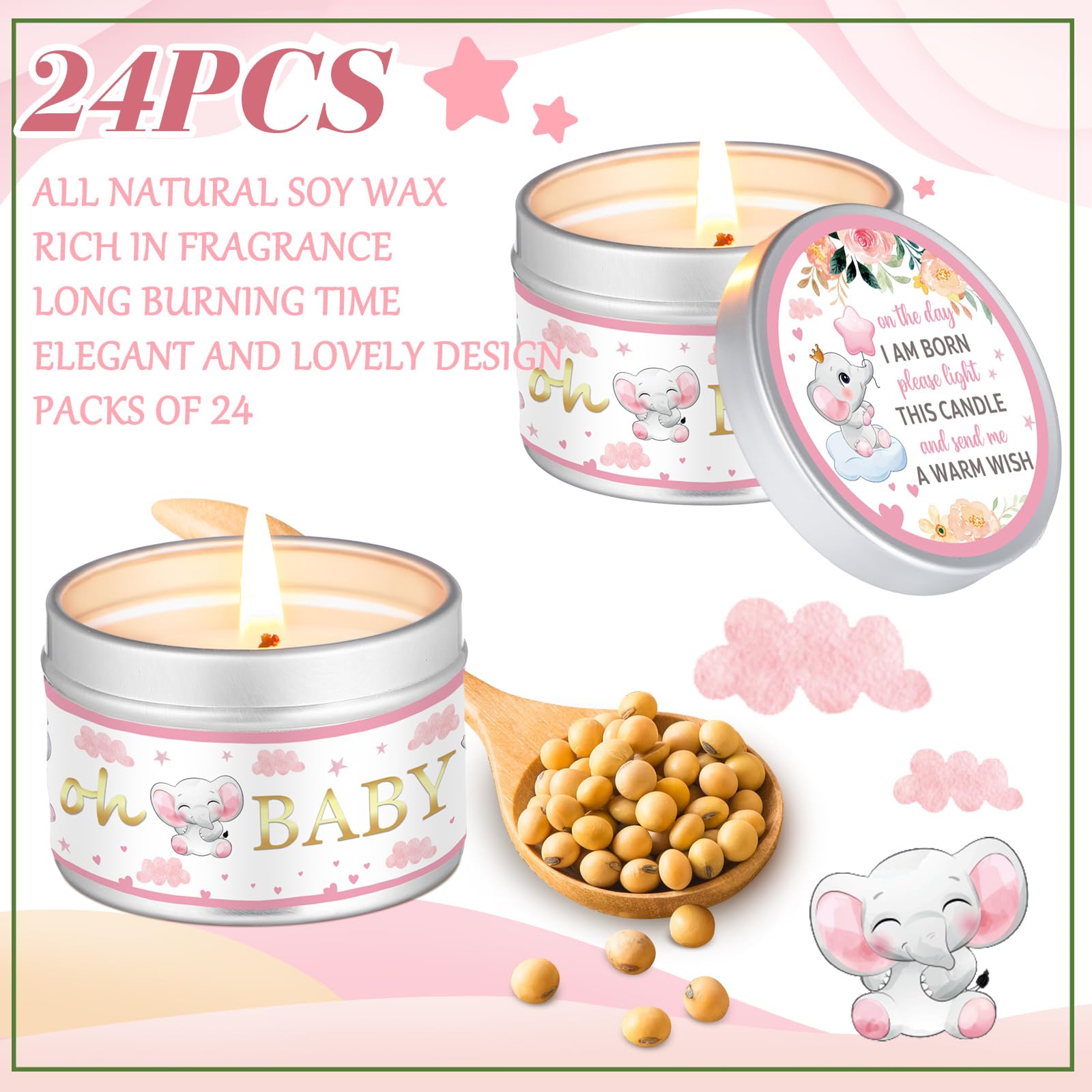 MTLEE 24 Pcs Elephant Baby Shower Party Favors Candles Lavender Scented Baby Shower Favors for Guests Rustic Tealights Candles G