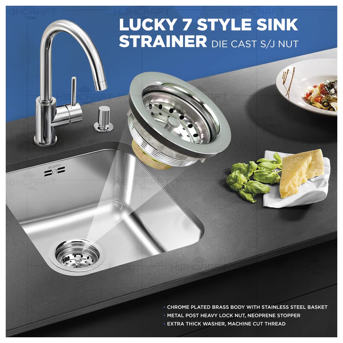Highcraft 9736 Lucky 7 Heavy Duty Kitchen Sink (3-1/2 Inch) Stainless Steel Drain Assembly With Strainer Basket-And Water Stoppe