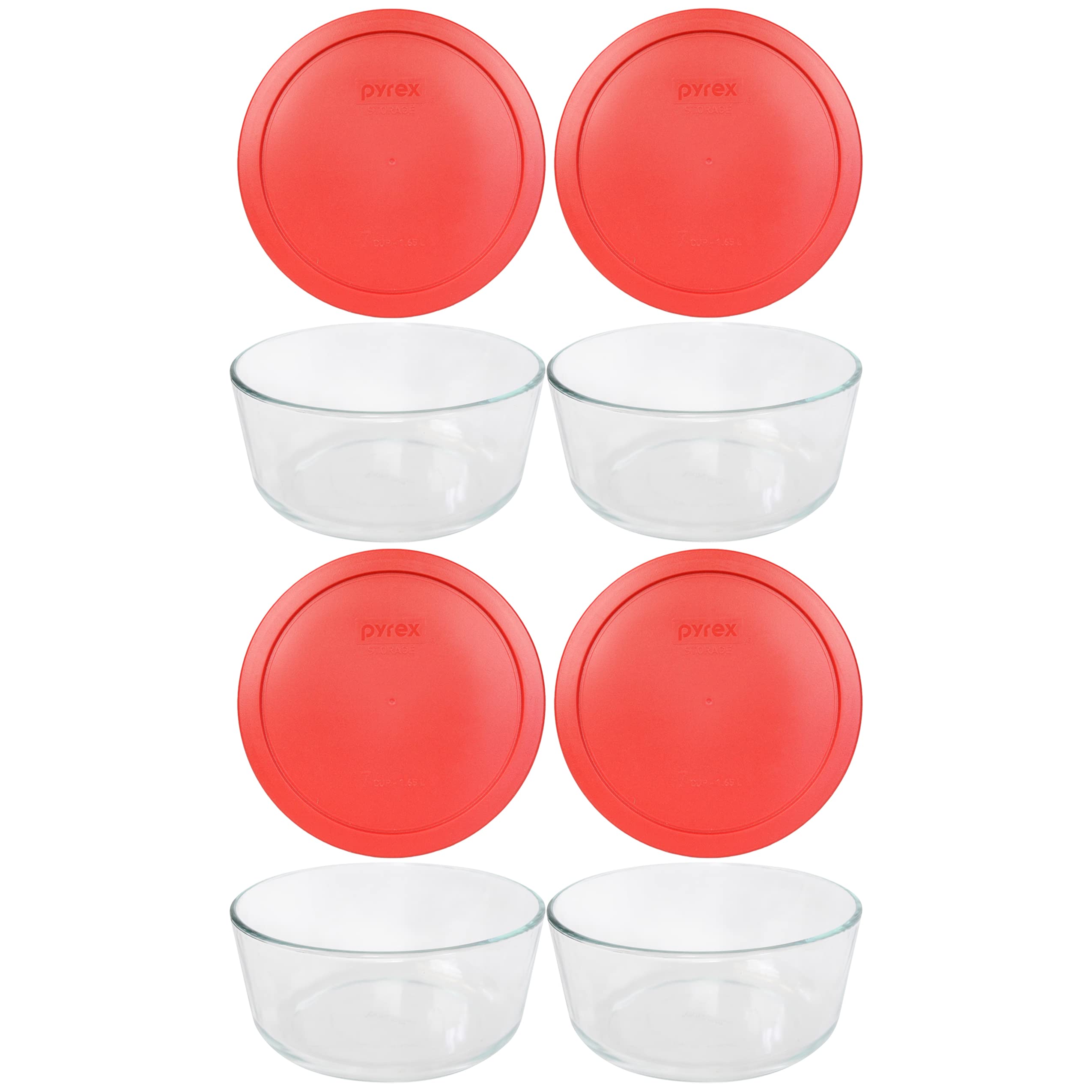 Pyrex 7 Cup Storage Capacity Plus Round Dish with Plastic Cover Sold in Packs of 4, Pack of 4, Red