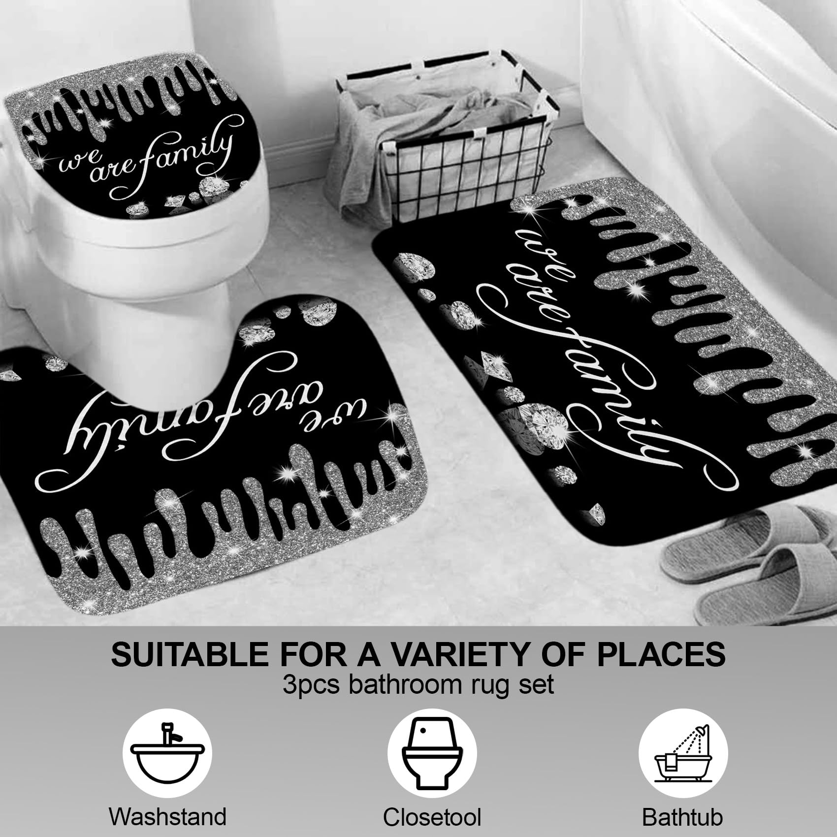 4Pcs Family Glitter Diamond Shower Curtain Sets, Black Famliy Shower Curtain With Toilet Lid Cover And Rugs, Luxury Bling Shiny