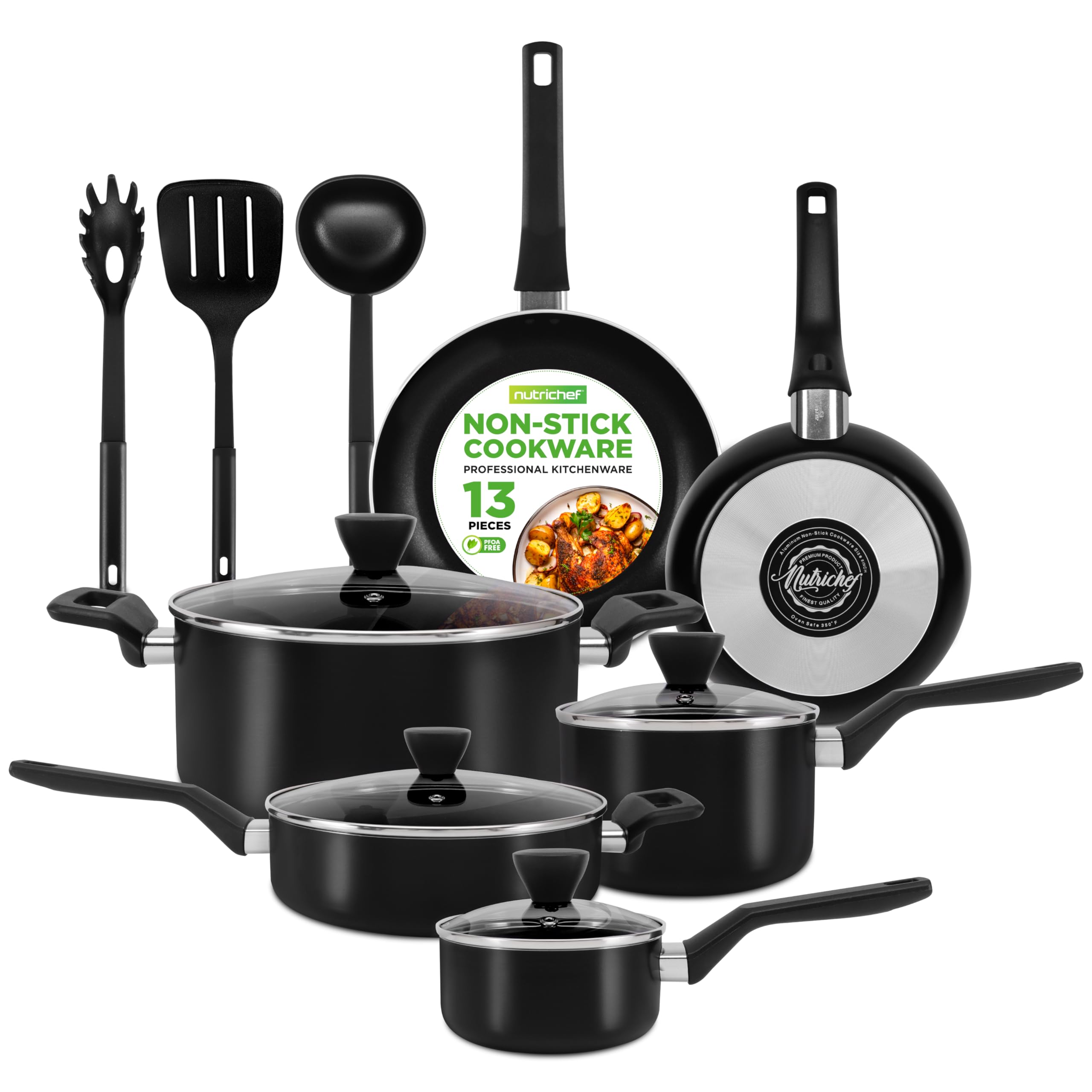 NutriChef 13-Piece Nonstick Cookware - Heat Resistant Kitchen Ware Set w/Saucepan, Frying Pans, Cooking Pots, Casserole, Lids, L