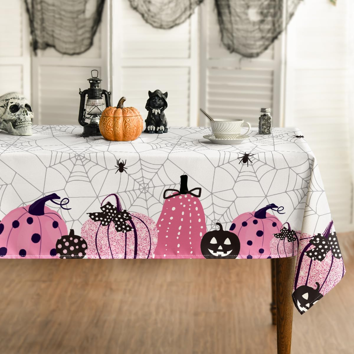 Horaldaily Halloween Tablecloth 60  120 Inch Rectangular, Jack-O-Lantern Pumpkin Cobweb Scary Themed Pink Washable Table Cover F