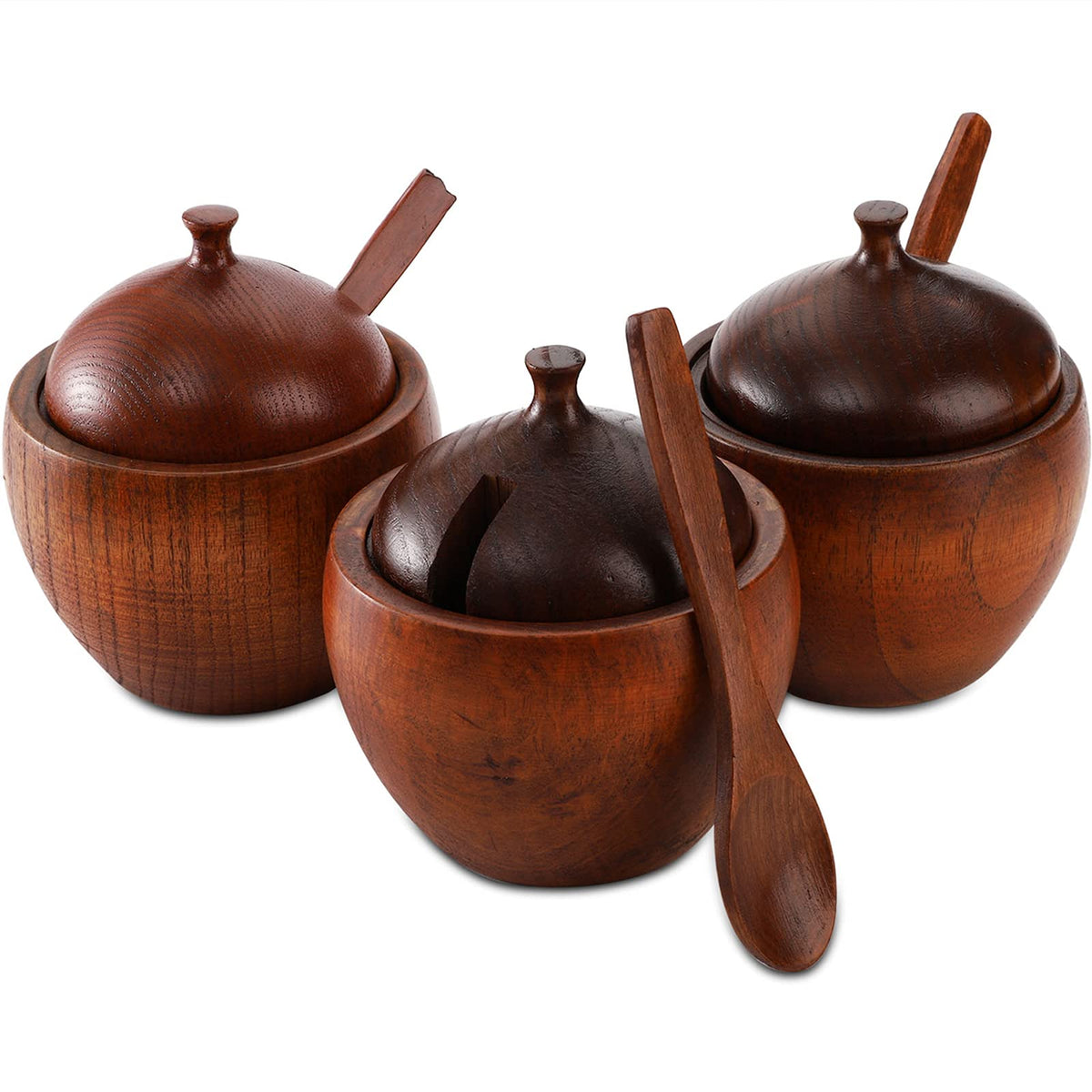 Deayou 3 Pack Wood Salt Box Spice Jar, Natural Wooden Salt Cellar With Lid And Spoon, Sugar Bowl Pepper Seasoning Container Hold