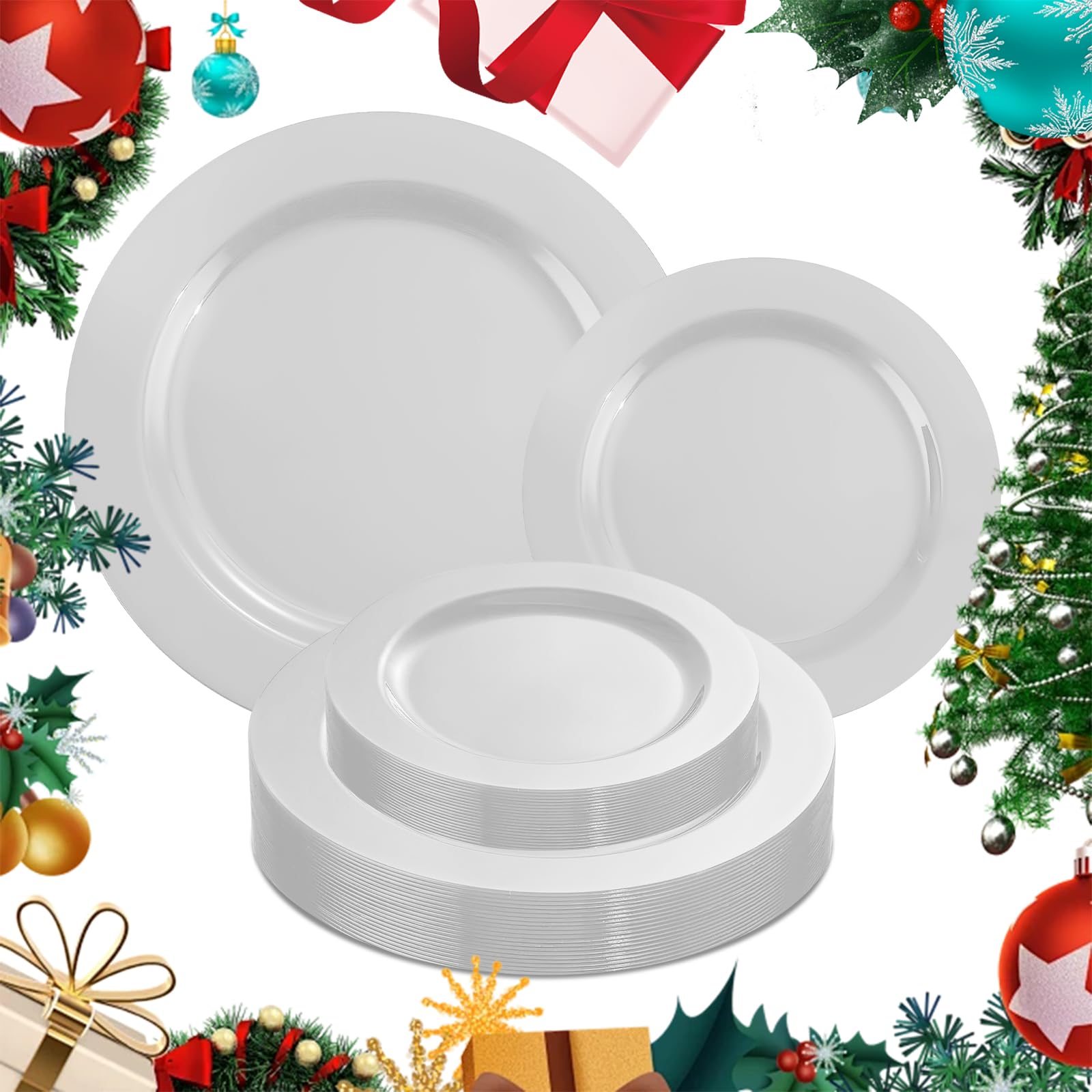 MENDENG 50PCS White Plastic Plates for Party Plates Disposable Heavy Duty Platos Desechables Elegantes for Wedding, 25x10.25 Pla