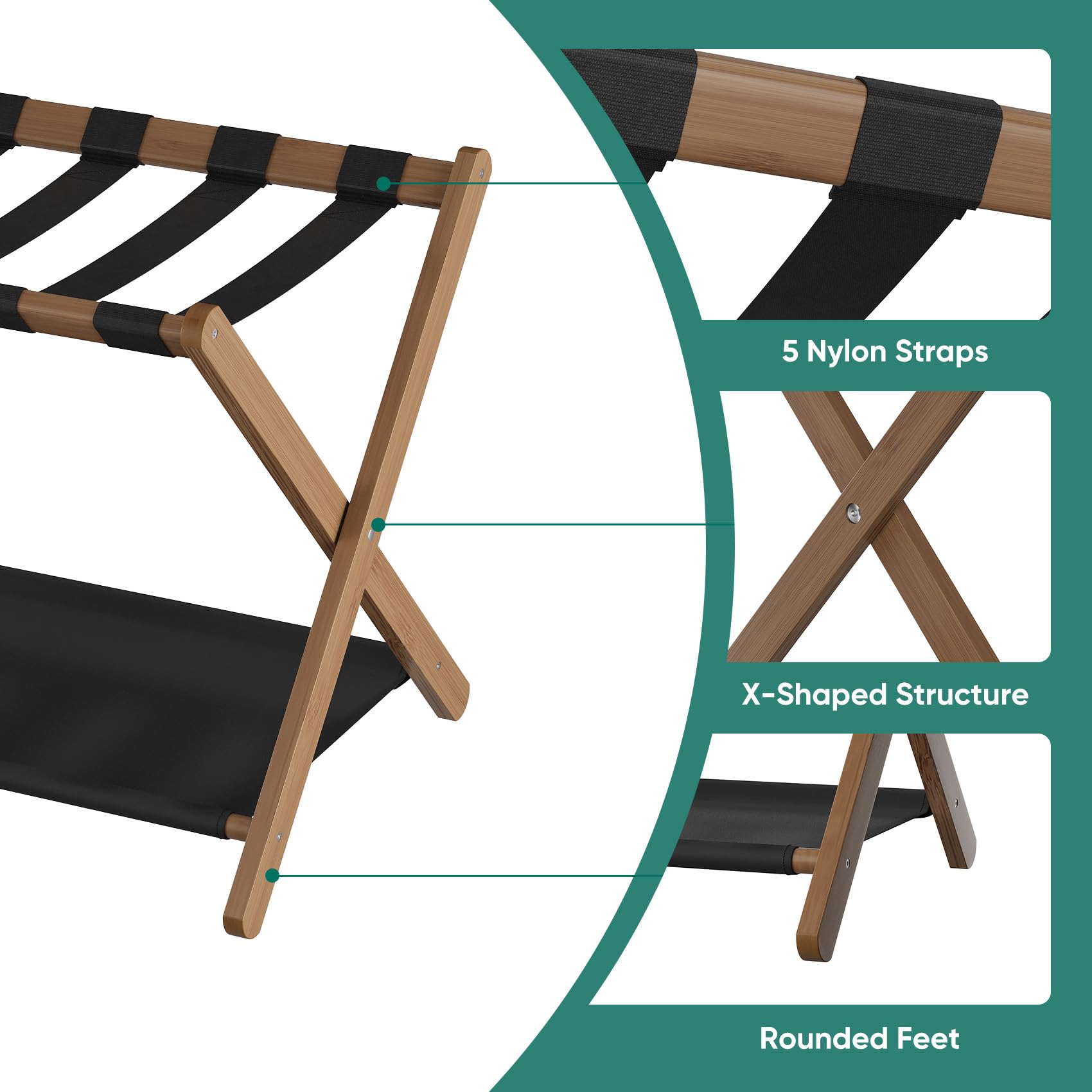 Smuxee Walnut Bamboo Luggage Rack Pack Of 2, Foldable Suitcase Stand With Storage Shelf, Easily Assembled Luggage Stand With 5 N