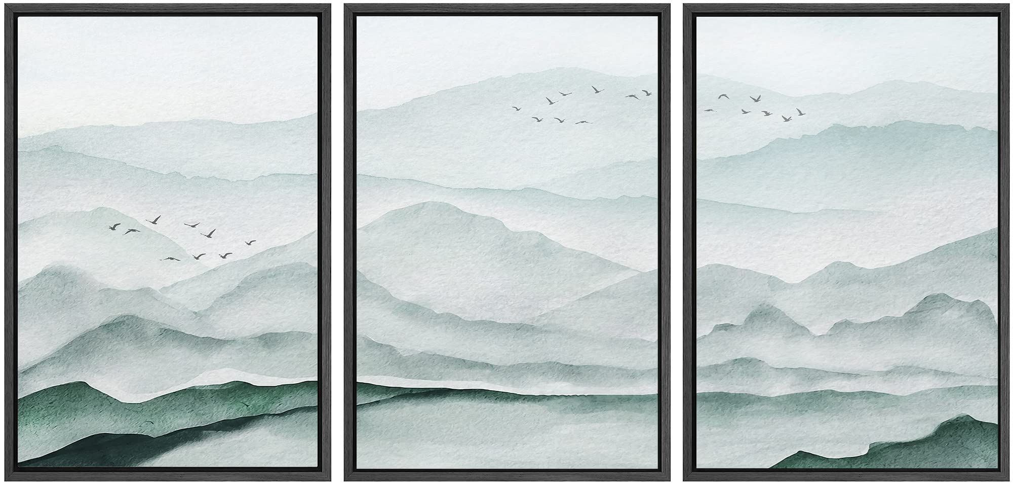 Signwin Framed Canvas Print Wall Art Set Teal Misty Mountain Range Bird Sky Nature Wilderness Illustrations Modern Art Decorativ