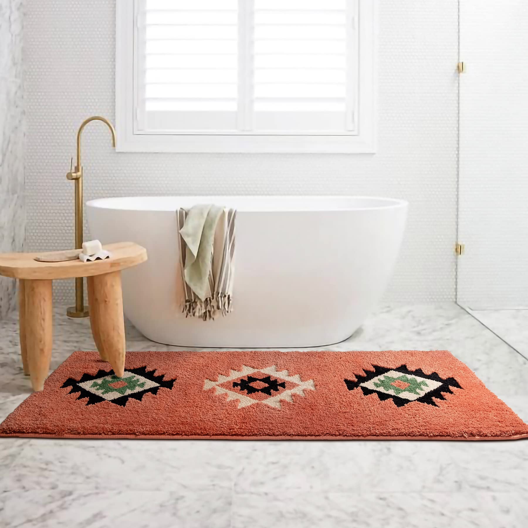Dexde Boho Bathroom Rugs Coral Red Bath Mat Non-Slip Long Bathroom Rug Runner Luxury Soft Absorbent Carpet For Bathroom Shower K