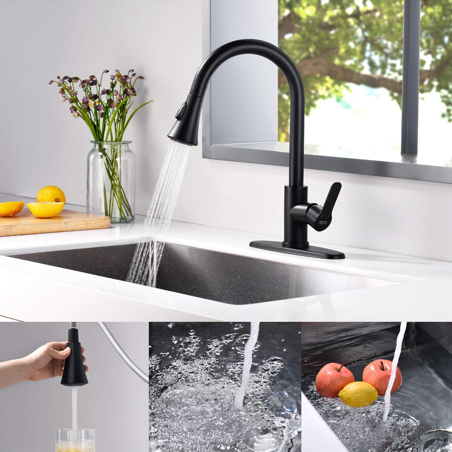 Kitchen Faucet with Pull Down Sprayer:2 Modes Stainless Steel Kitchen Sink Faucet Single Handle Faucet for Kitchen Sink RV Kitchen Faucet Laundry Sink Faucet with 1.8GPM  Matte Black