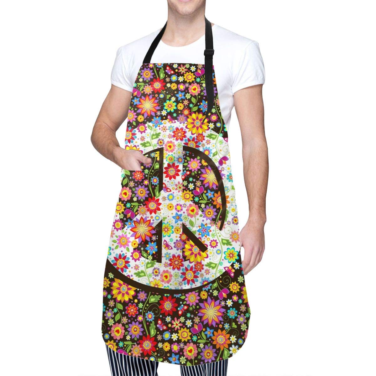 Abucaky Hippie Peace Sign Waterproof Apron For Adults Colorful Flowers Chef Bib With Roomy Pockets For Kitchen Bbq Crafting Draw