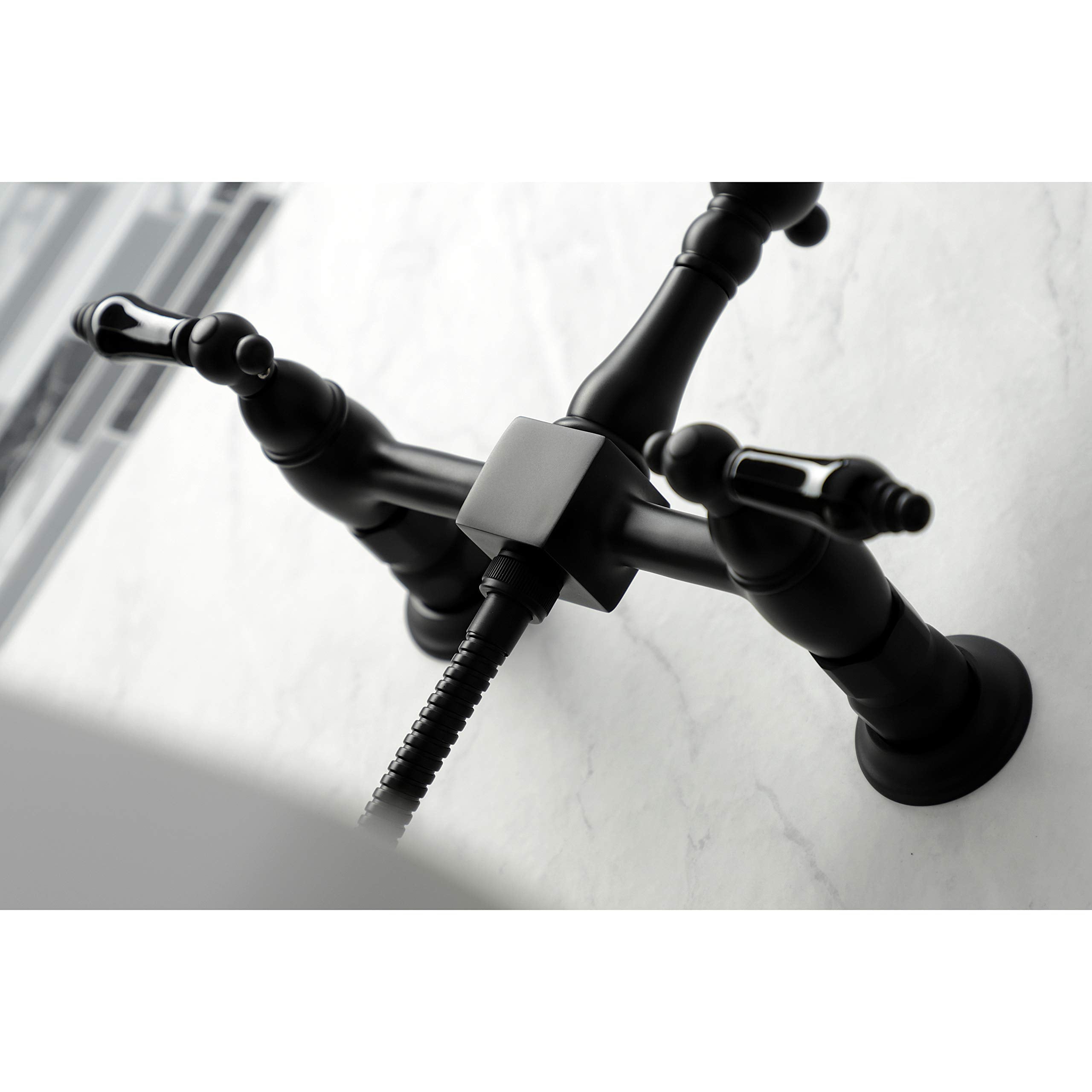Kingston Brass KS1260PKLBS Duchess Wall Mount Bridge Kitchen Faucet with Brass Sprayer  Matte Black