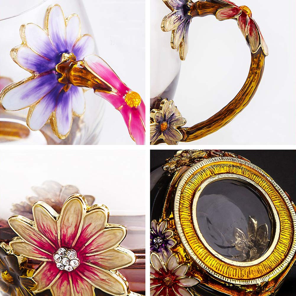 Goodking Flower Glass Tea Mug, Lead-Free Handmade Enamel Coffee Mug Tea Cups with Spoon For Women Grandma Mom Teachers Friend Wi