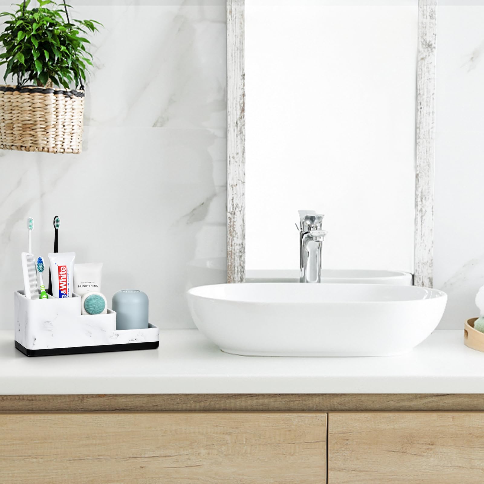VITVITI Toothbrush Holder for Bathroom  Bathroom Organizer Countertop  5 Compartment Bathroom Accessories Storage for Toothpaste/Vanity Counter  White Resin of Marble Color