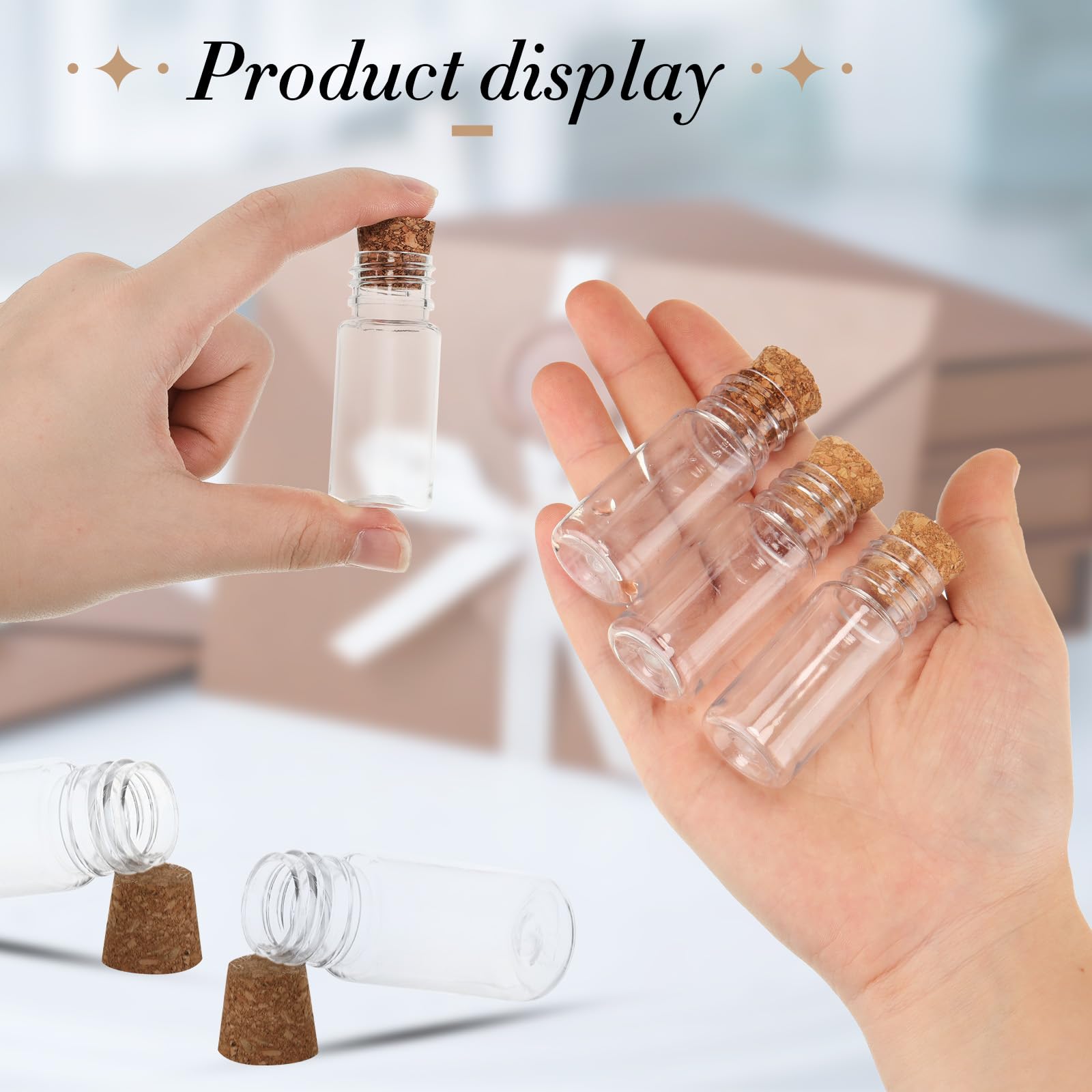 Bokon 100 Packs Mini Plastic Bottles with Corks Stoppers Eye Screws Funnels Small Potion Bottles Tiny Clear Sand Art Jar Wishing