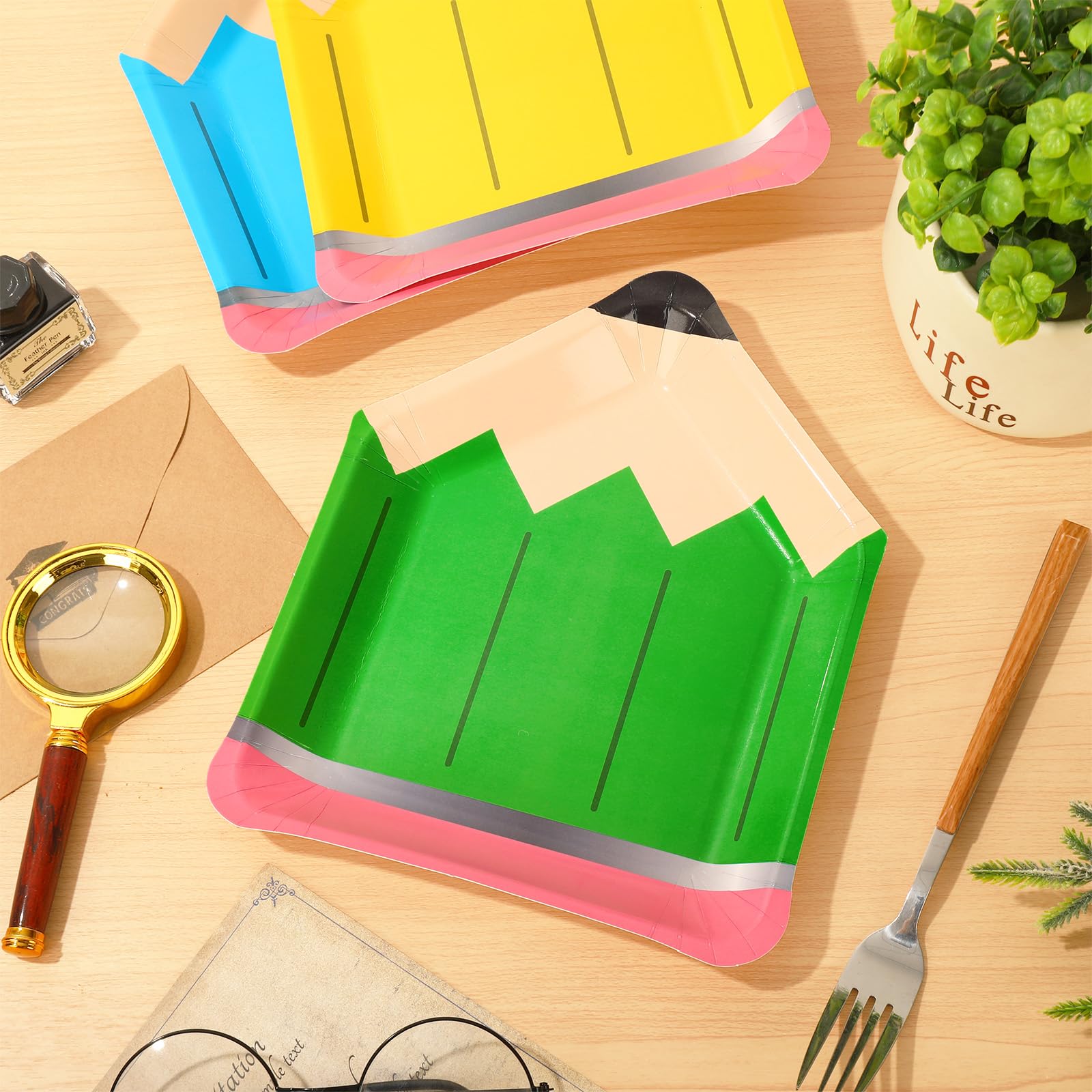 Anydesign 40Pcs Back To School Pencil Paper Plates First Day Of School Disposable Plates 4 Colors Preschool Graduate Decorative