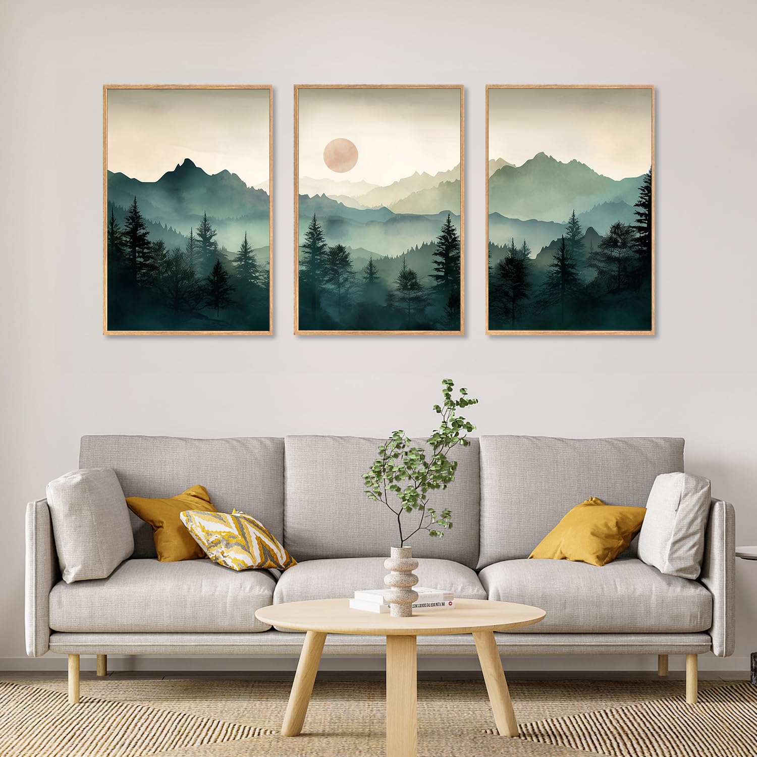 Lhiuem Large Boho Mountain Framed Wall Art Set,Watercolor Pine Tree Wall Painting,Abstract Foggy Green Forest Artwork,Modern Nat