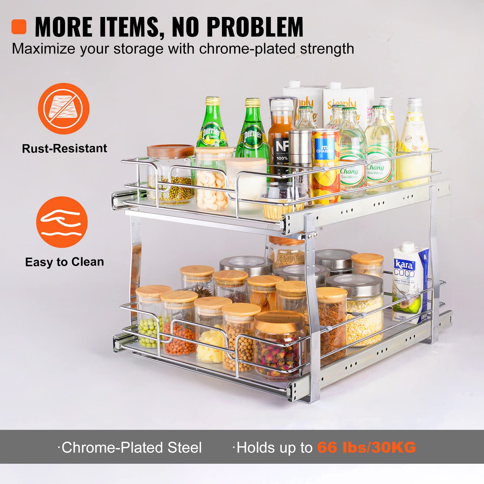 Vevor 2 Tier 16''W X 21''D Pull Out Cabinet Organizer, Heavy Duty Slide Out Pantry Shelves, Chrome-Plated Steel Roll Out Drawers