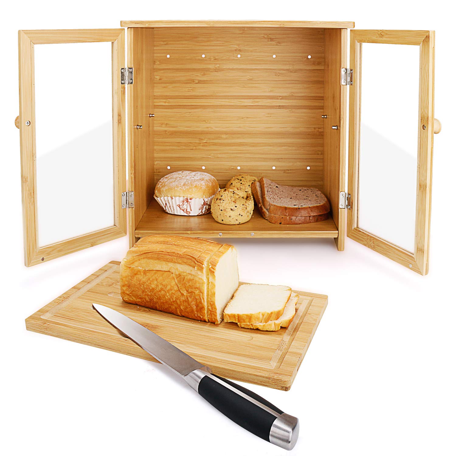 Leopard Bamboo Bread Box For Kitchen Countertop, 2 Layers Bread Boxes With Clear Window For Kitchen Food Storage, Large Bread St