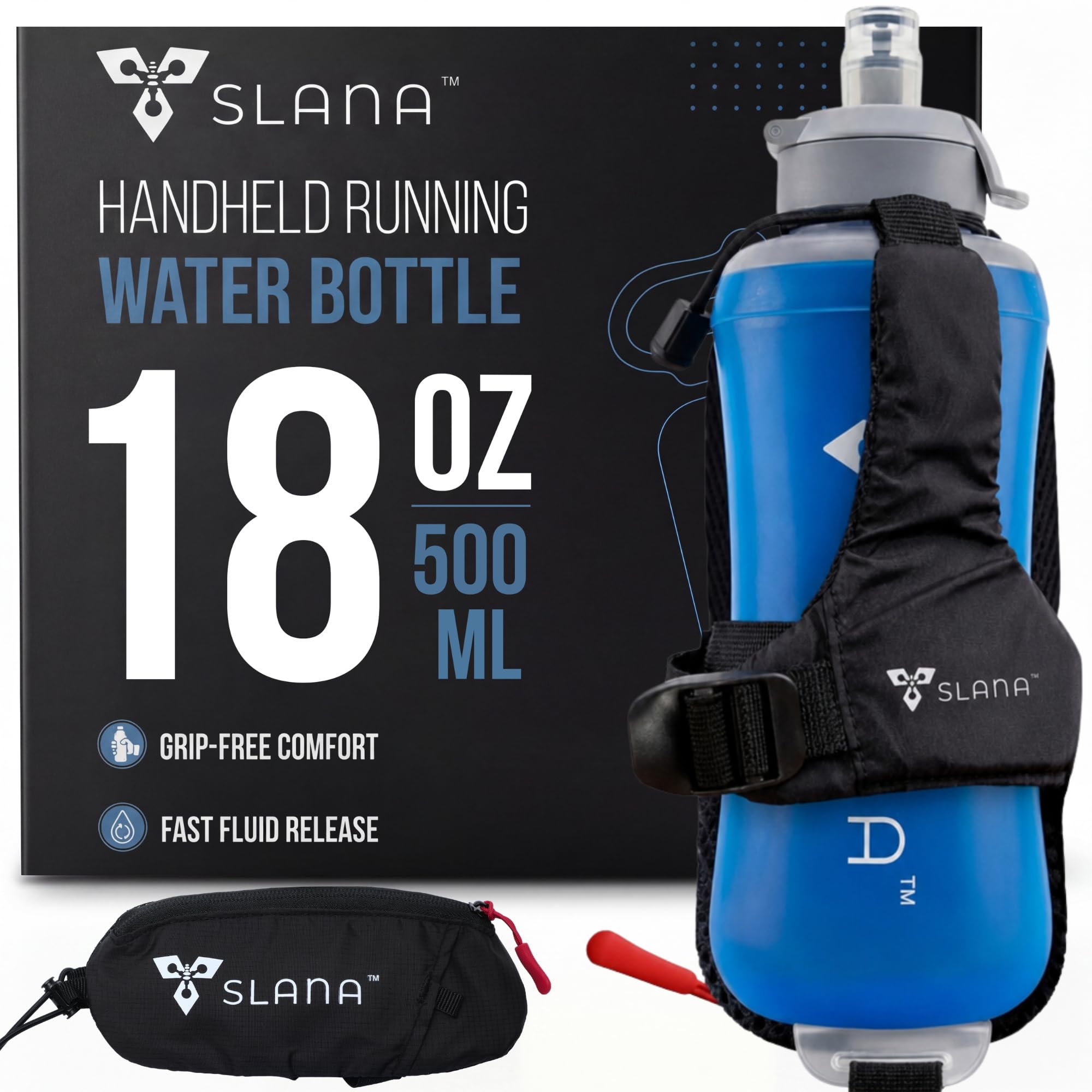 SLANA Handheld Running Water Bottle 18 oz  GripFree Collapsible Water Bottles for Running with Hook & Strap SecureLock System