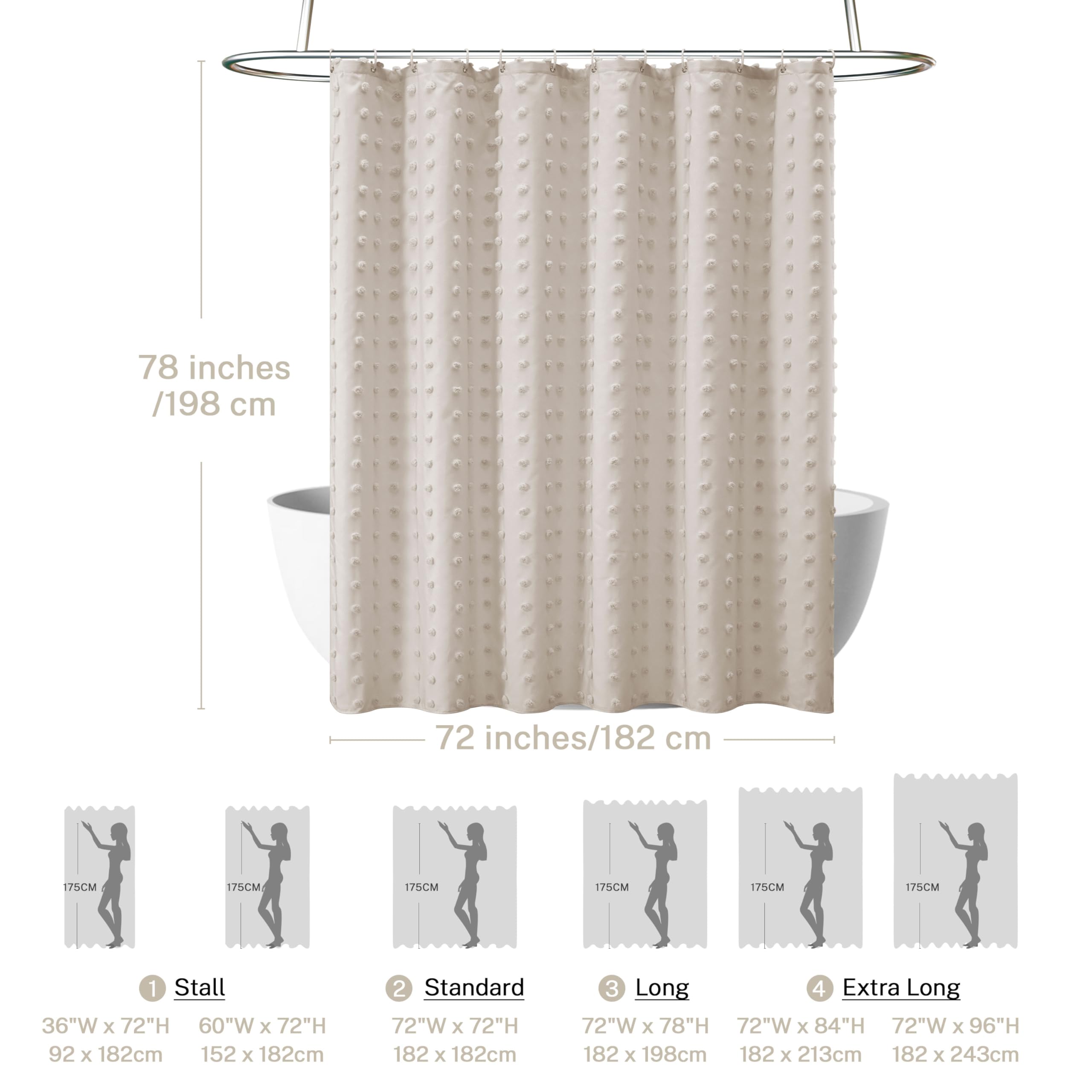 Extra Long Boho Farmhouse Shower Curtain Woven Fabric Natural Shower Curtain, 72 X 78 Tufted Pleat Floral Puffs Textured Modern
