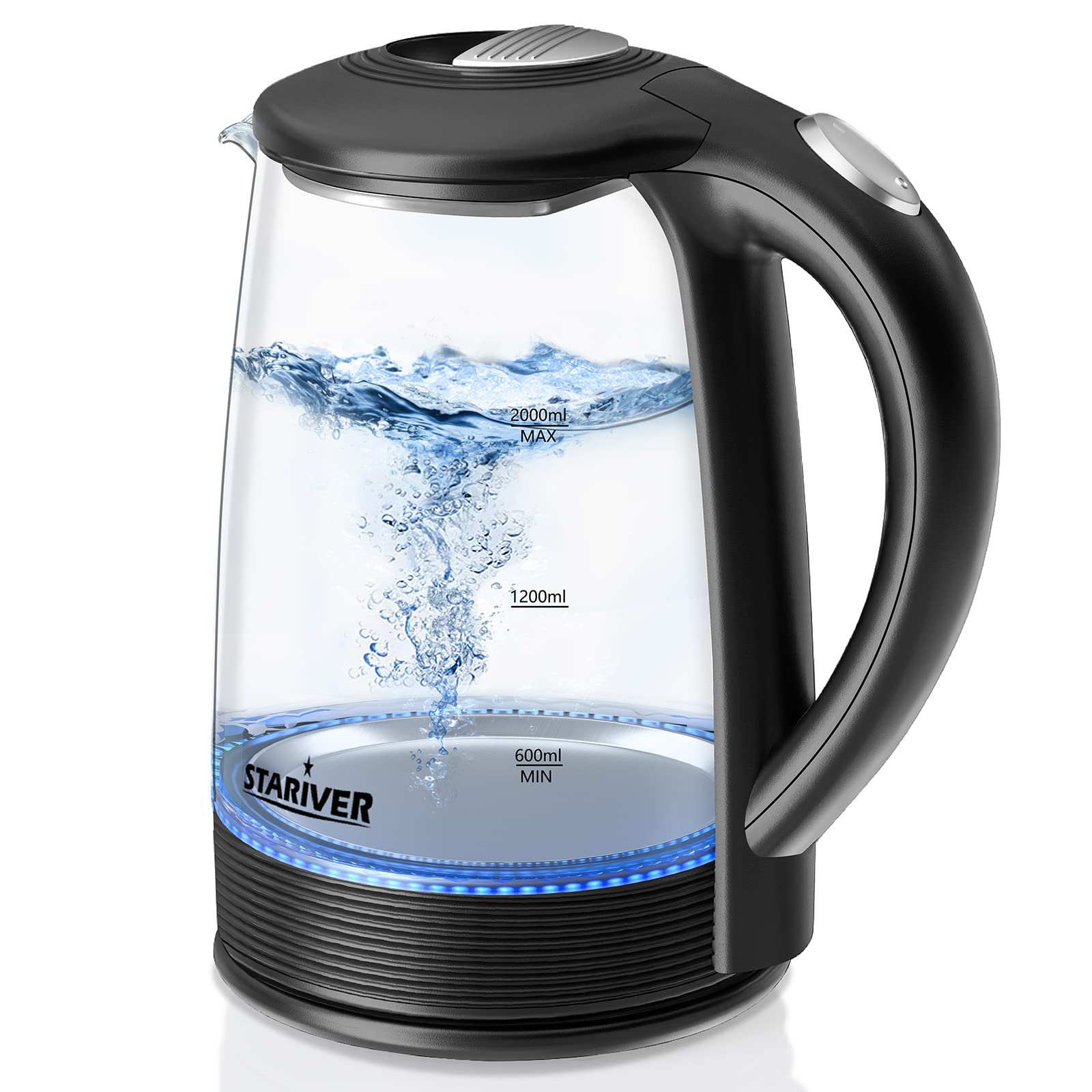 Stariver Electric Kettle  2L Electric Tea Kettle  BPA-Free Glass Kettle with LED  Hot Water Kettle with Fast Boil  Auto Shut-Off & Boil-Dry Protection  Stainless Steel Inner Lid & Bottom  Black