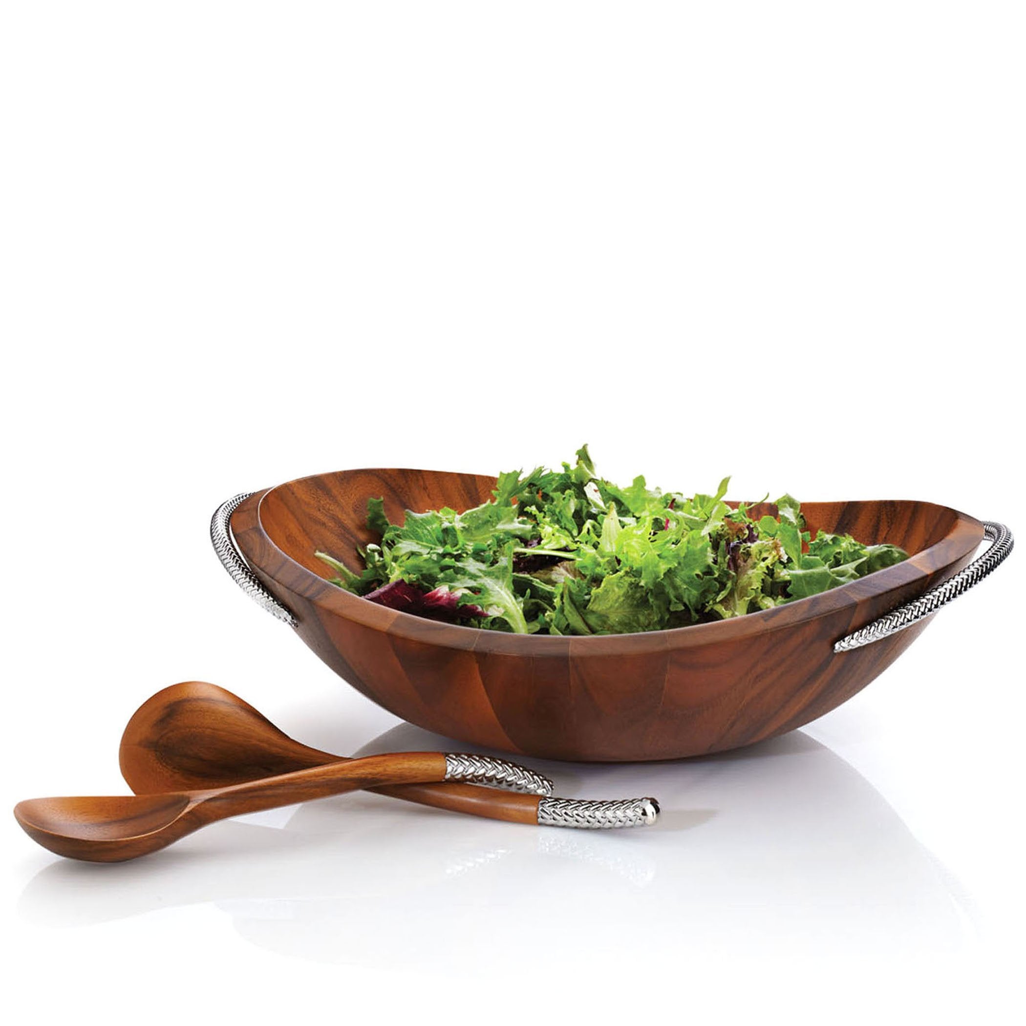 Nambe Braid Salad Bowl With Servers | 3-Piece Set | Large Wooden Serving Bowl For Caesar Salad, Large Salads | Big Salad Bowl Wi