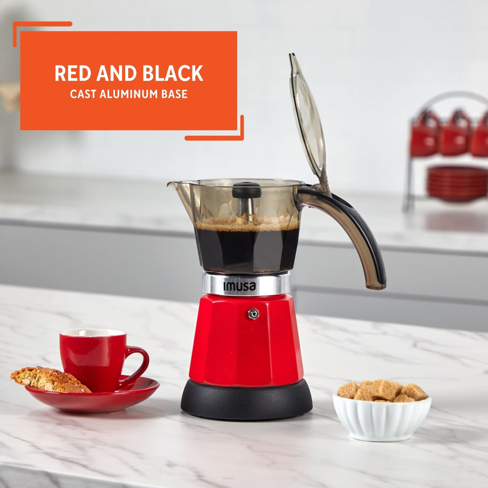 Imusa Electric Espresso Maker, 6 Cup, Aluminum, Red, Model GAU-18235