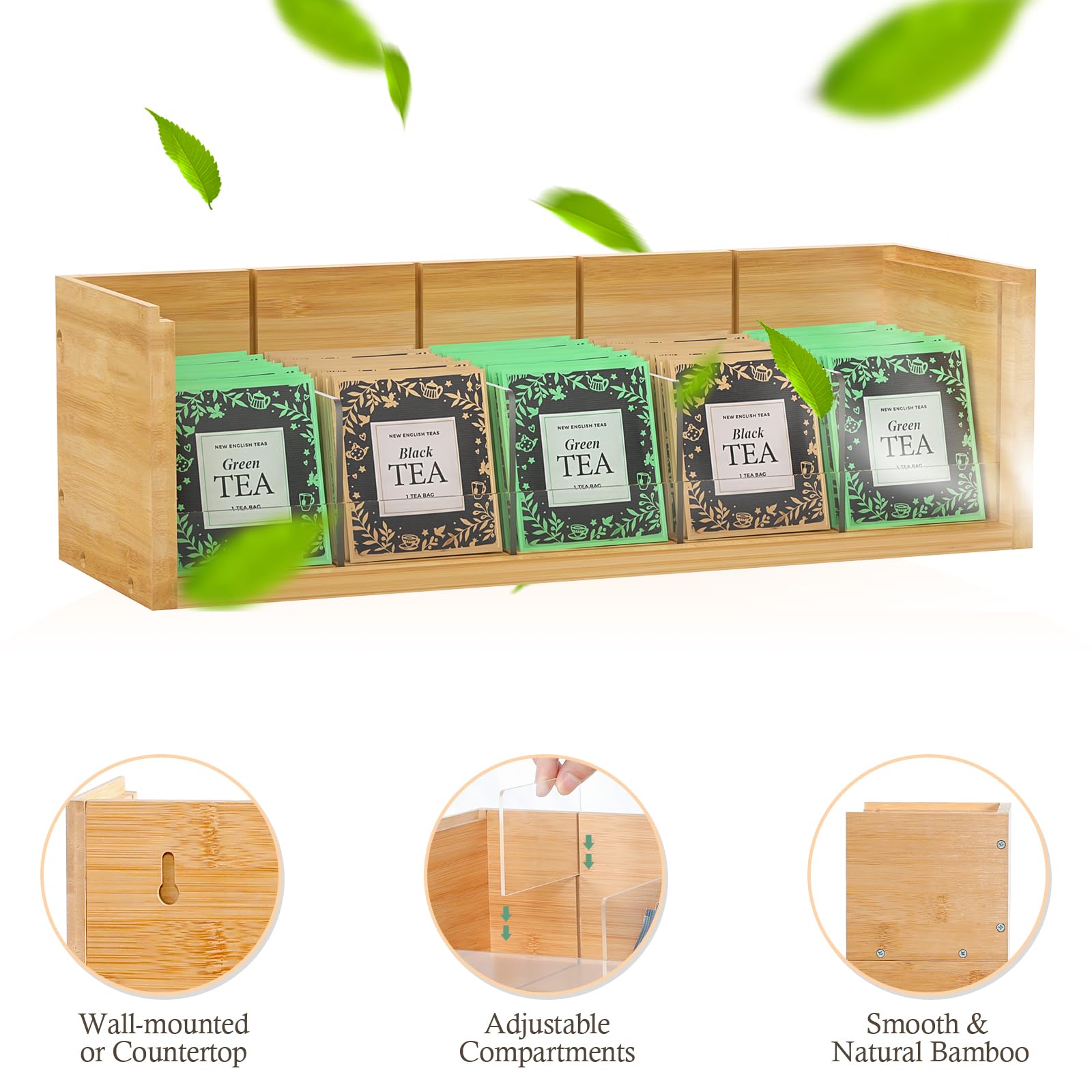 X-Cosrack Bamboo Tea Bag Organizer Storage Box Tea Organizer For Countertop Wall Mount Tea Bag Holder Tea Chest Teabag Station F