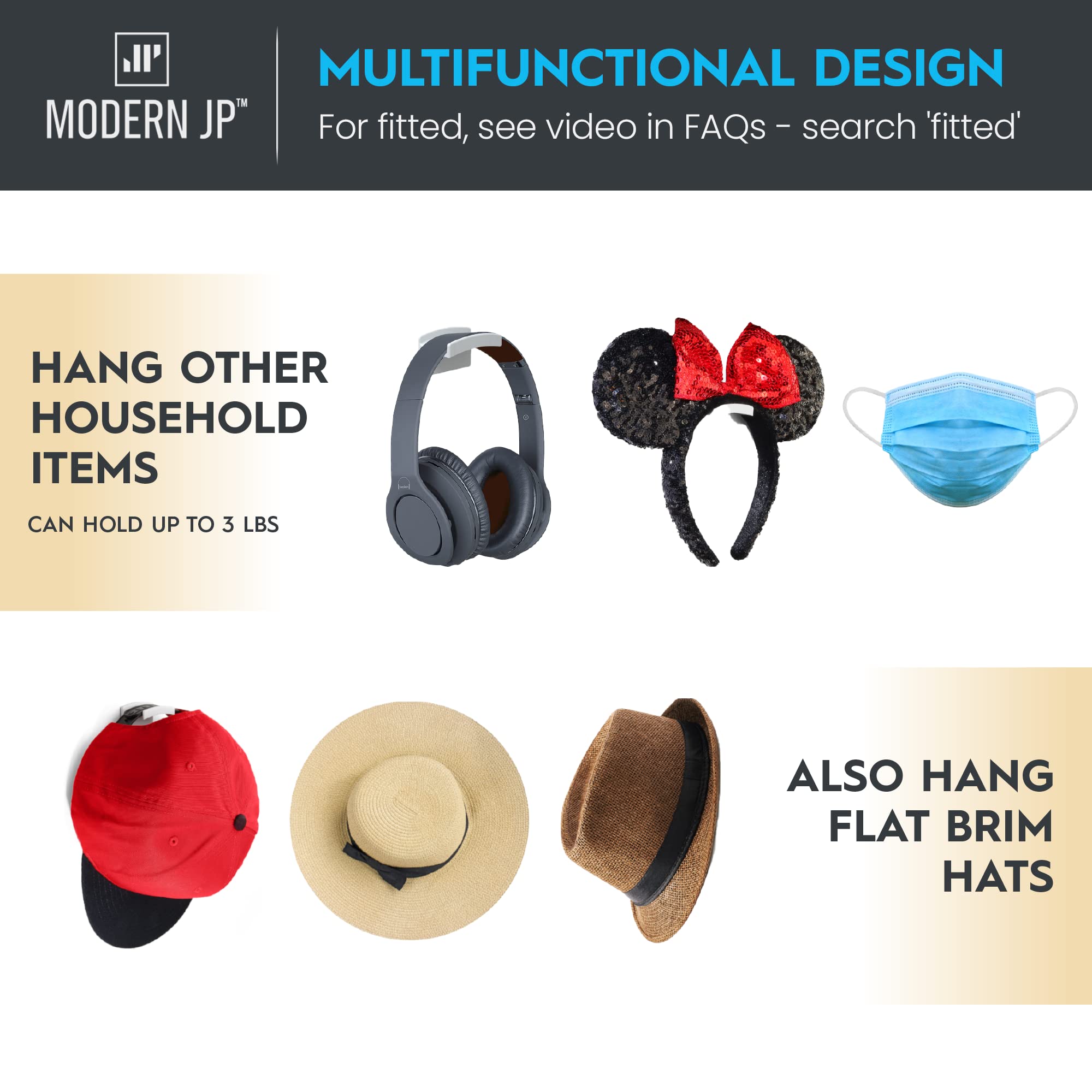 Modern Jp Adhesive Hat Hooks For Wall (16-Pack) - Minimalist Hat Rack Design, No Drilling, Strong Hold Hat Hangers - Usa Patente
