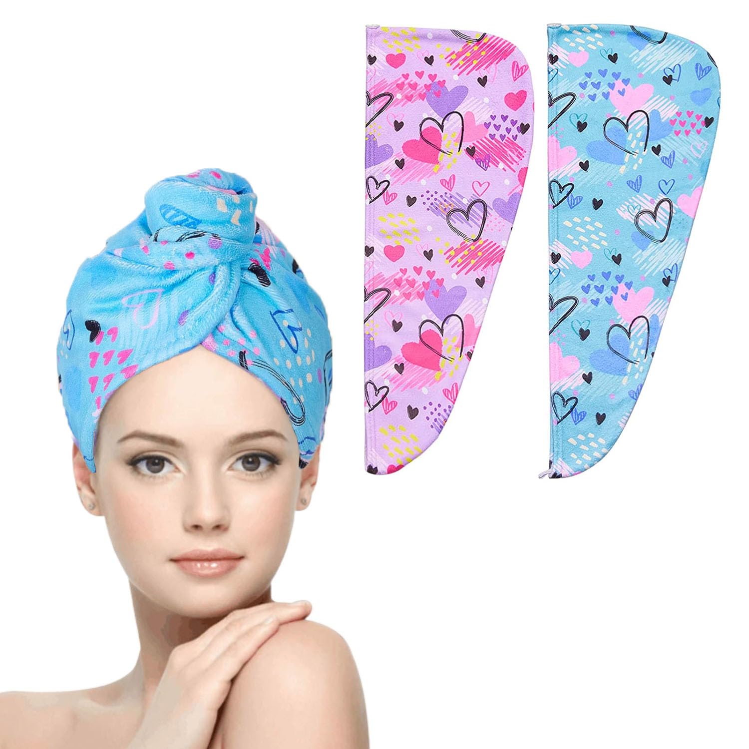 WUBAYI 2Pack Hair Drying Towels-Microfibre Hair Towels-Quick Drying Hair Towels-Uper Absorbent Hair Towel with Button. Designed