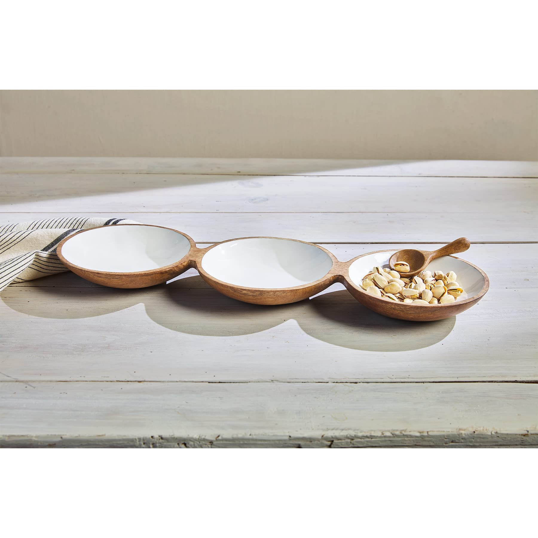 Mud Pie Triple Bowl Tray, Brown/White, Dish 6.5'' X 20'' | Spoon 4''