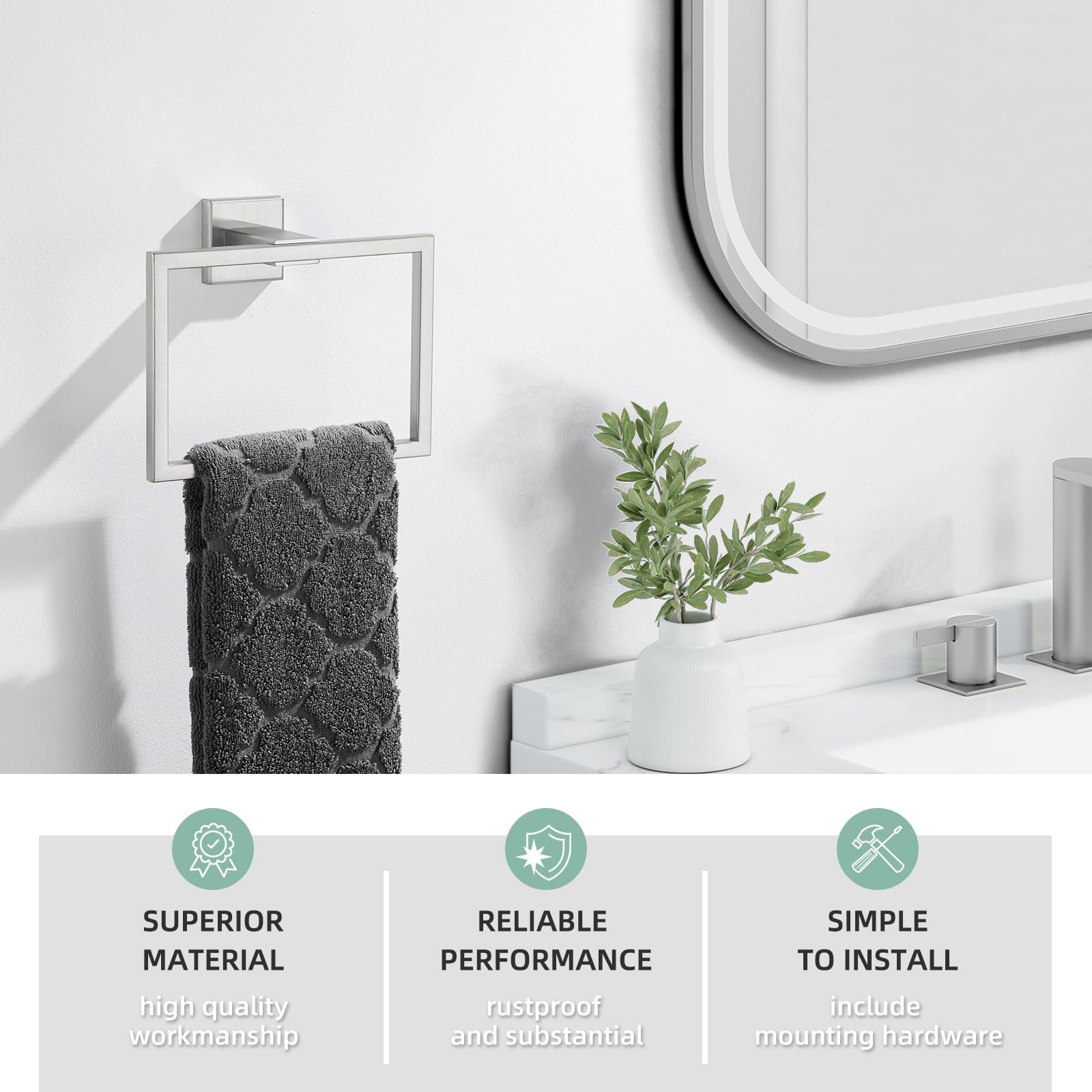 Hand Towel Holder Brushed Nickel  Angle Simple SUS304 Stainless Steel Bathroom Towel Ring  Square Towel Hanger Wall Mount  7.09-Inch