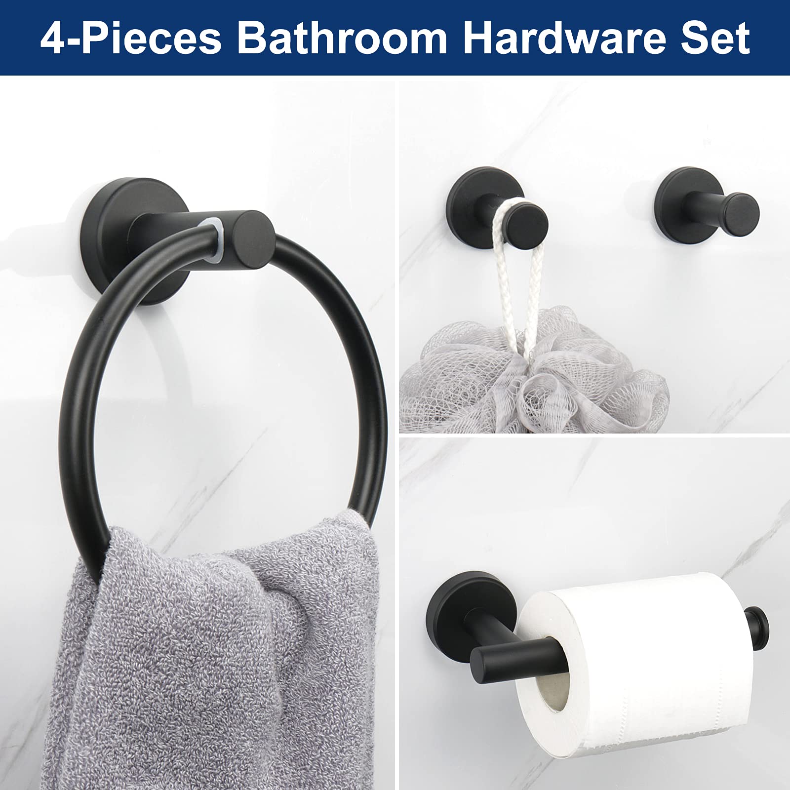 Nearmoon 4 Pieces Bathroom Hardware Set, Include Hand Towel Ring, Toilet Paper Holder And 2 Robe Towel Hooks, Stainless Steel Ba