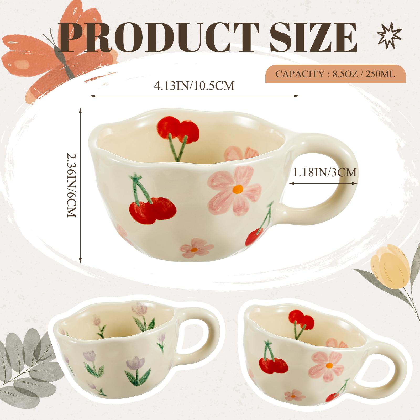 Vesici 2 Pcs Ceramic Coffee Mug Creative Flower Cup Floral Mug with Handles 8.5 oz Cute Aesthetic Tea Porcelain Mug for Office H