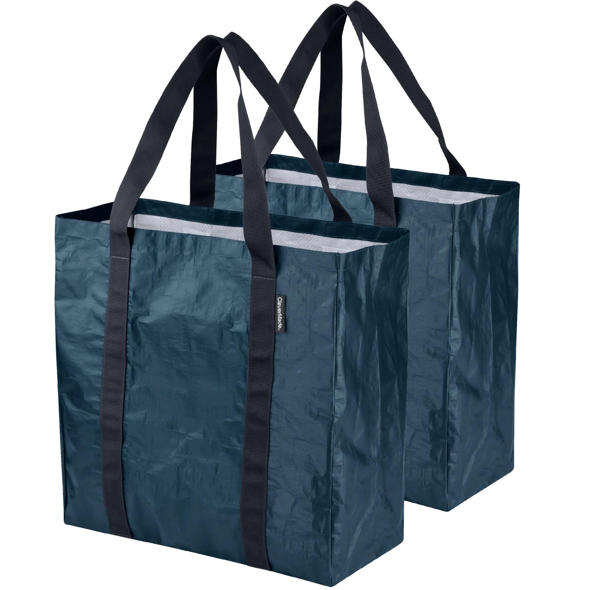 CleverMade Tall Frakta Reusable Grocery Tote - 42L - Pack of 2 - Ocean Blue - Collapsible Storage Shopping Organizer - Heavy Dut