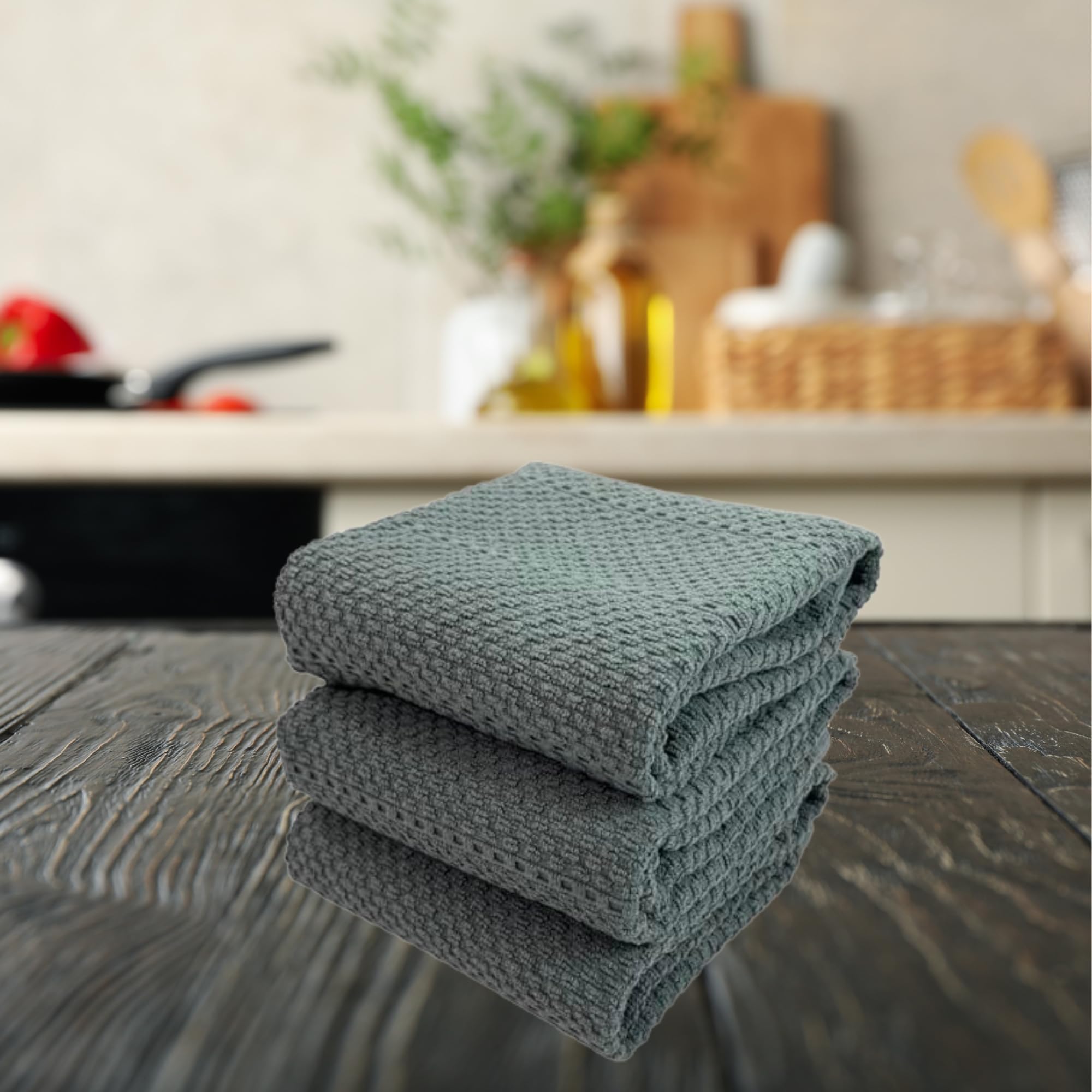 Dark Grey Gray Kitchen Hand Dish Towels: Oversized 28'' X 18'',100% Cotton Cloth Soft Cleaning Drying Absorbent Textured Design,