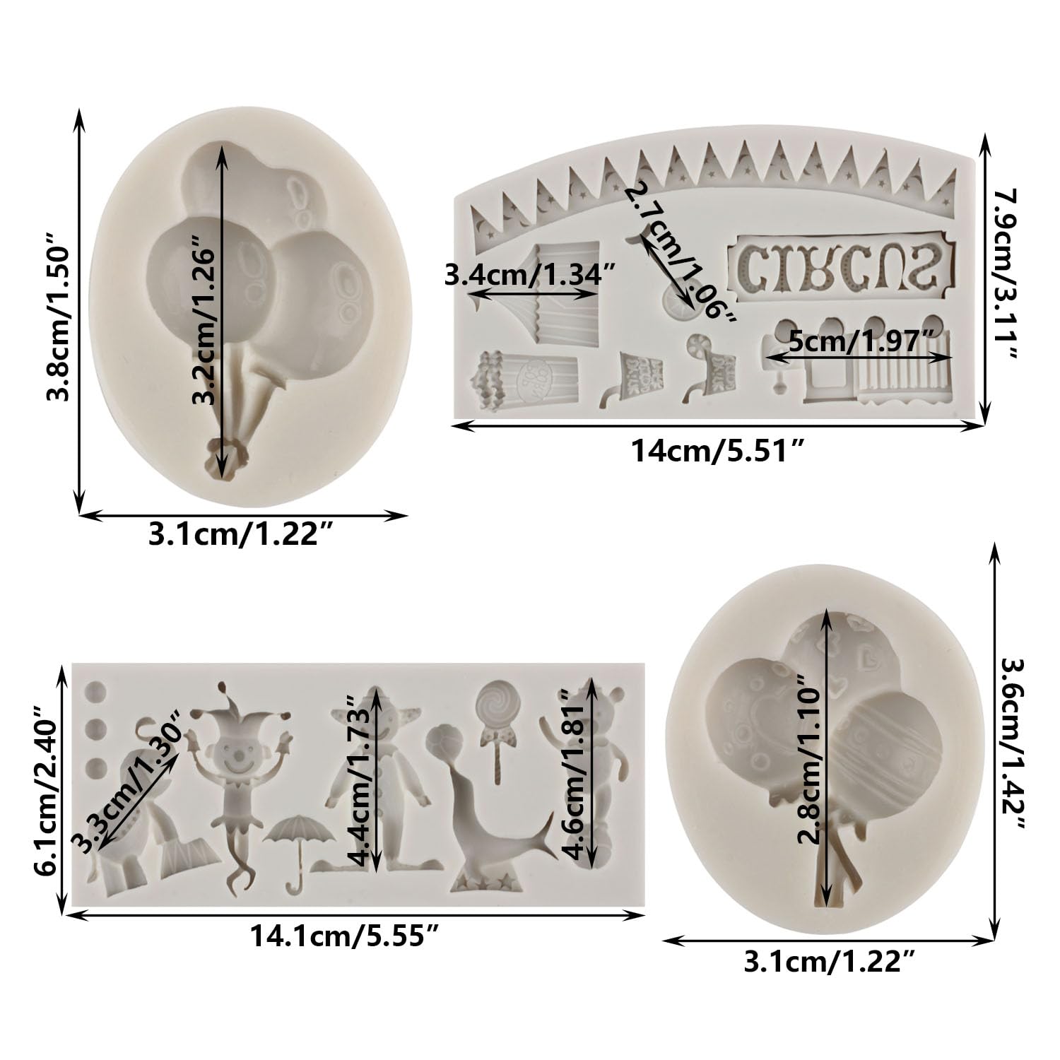Sijiangmold Circus Fondant Silicone Molds Clown Elephant Chocolate Molds Theater Unicycle Balloon Mold For Cupcake Topper Cake D