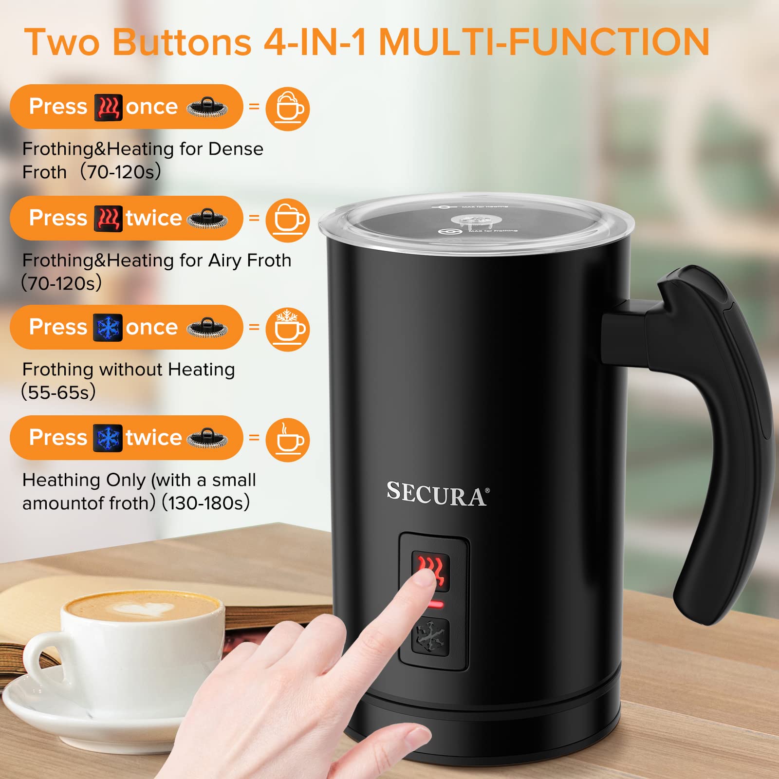 Secura Electric Milk Frother  Automatic Milk Steamer Warm or Cold Foam Maker for Coffee  Cappuccino  Latte  Stainless Steel Milk Warmer with Strix Temperature Controls (Black)