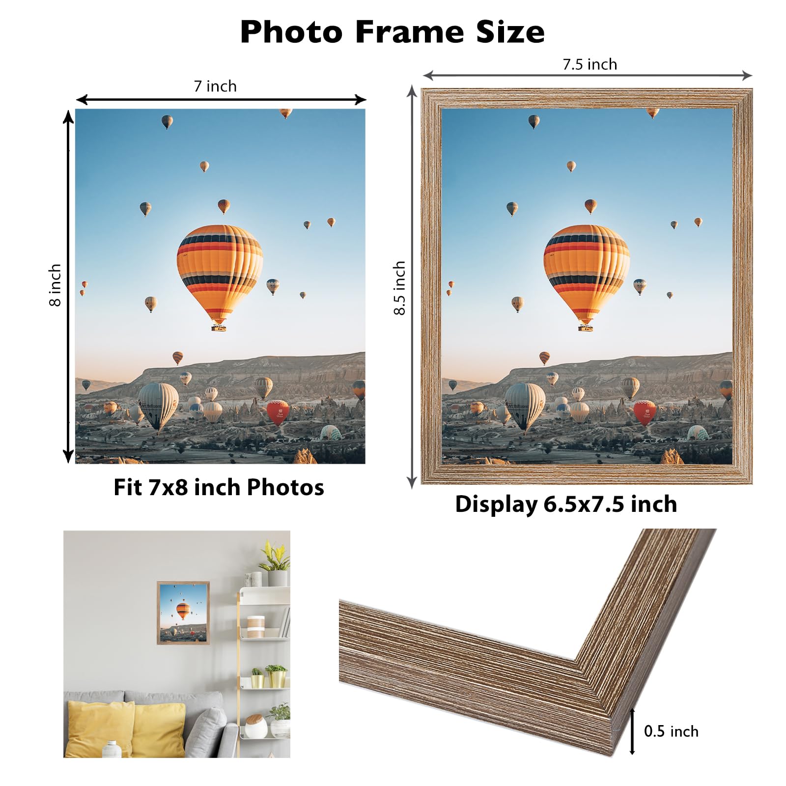 JCJMY 7x8 Picture Frame Rustic Brown for Wall Hanging or Tabletop, Wall Mounting Horizontally or Vertically, 7 x 8 Wall Gallery